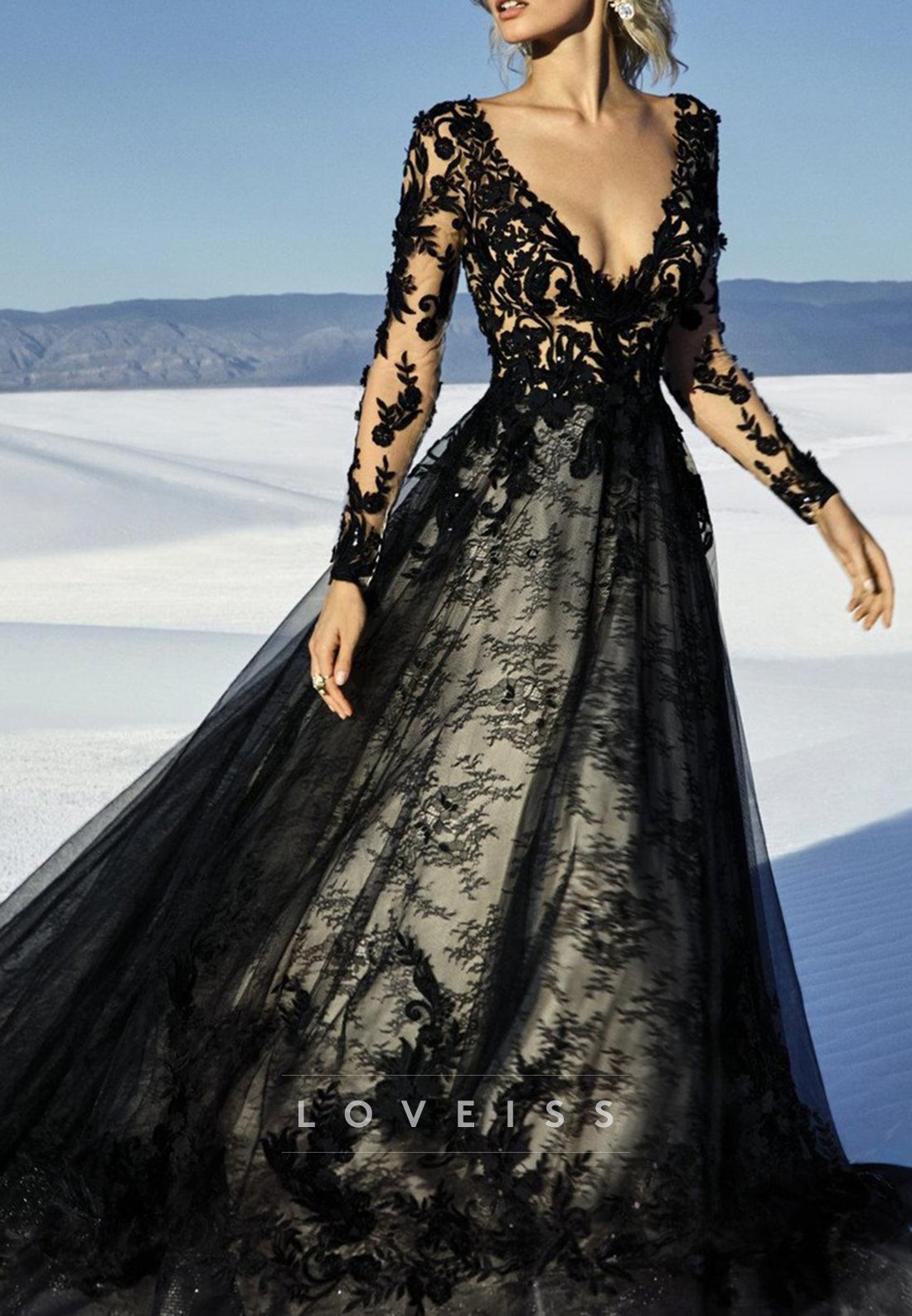 V-Neck Long Sleeves Lace Appliques A-Line Black Wedding Dress