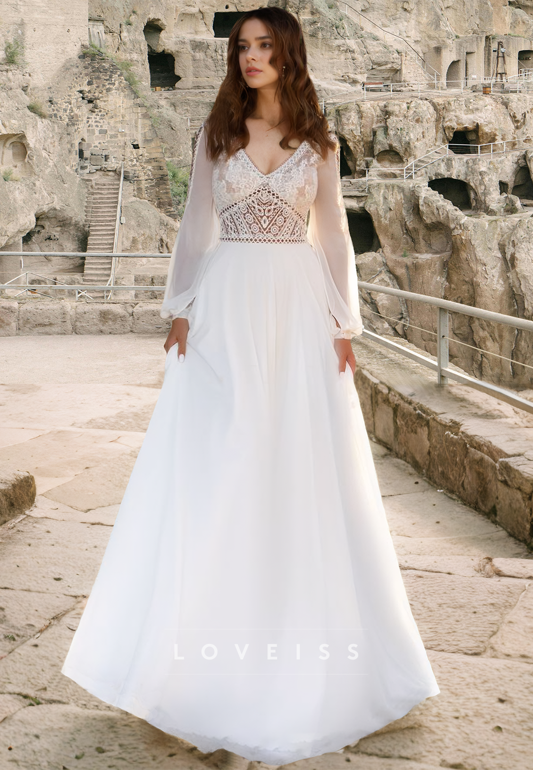 V-Neck Long Sleeves Lace Appliques A-Line Boho Wedding Dress Loveiss V-Neck Long Sleeves Lace Appliques A-Line Boho Wedding Dress Loveiss