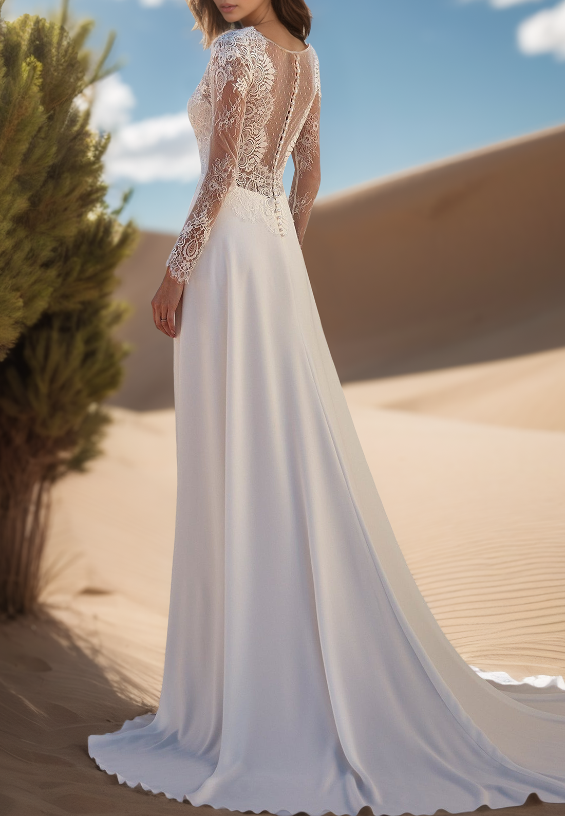 V-Neck Long Sleeves Lace Appliques A-Line Boho Wedding Dress