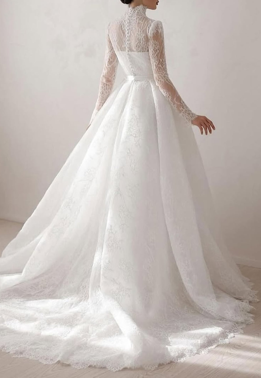 V-Neck Long Sleeves Lace Appliques Ball Gown Wedding Dress