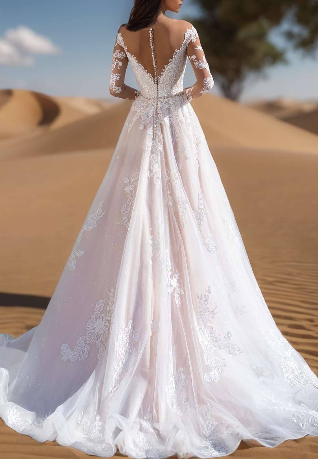 V-Neck Long Sleeves Lace Appliques Ball Gown Wedding Dress