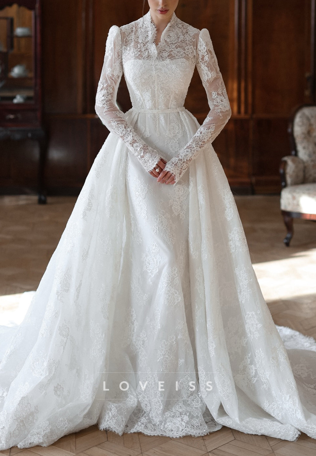 High Neck Long Sleeves Pleated Sleek A-Line Mother of Bride Dress – Loveiss