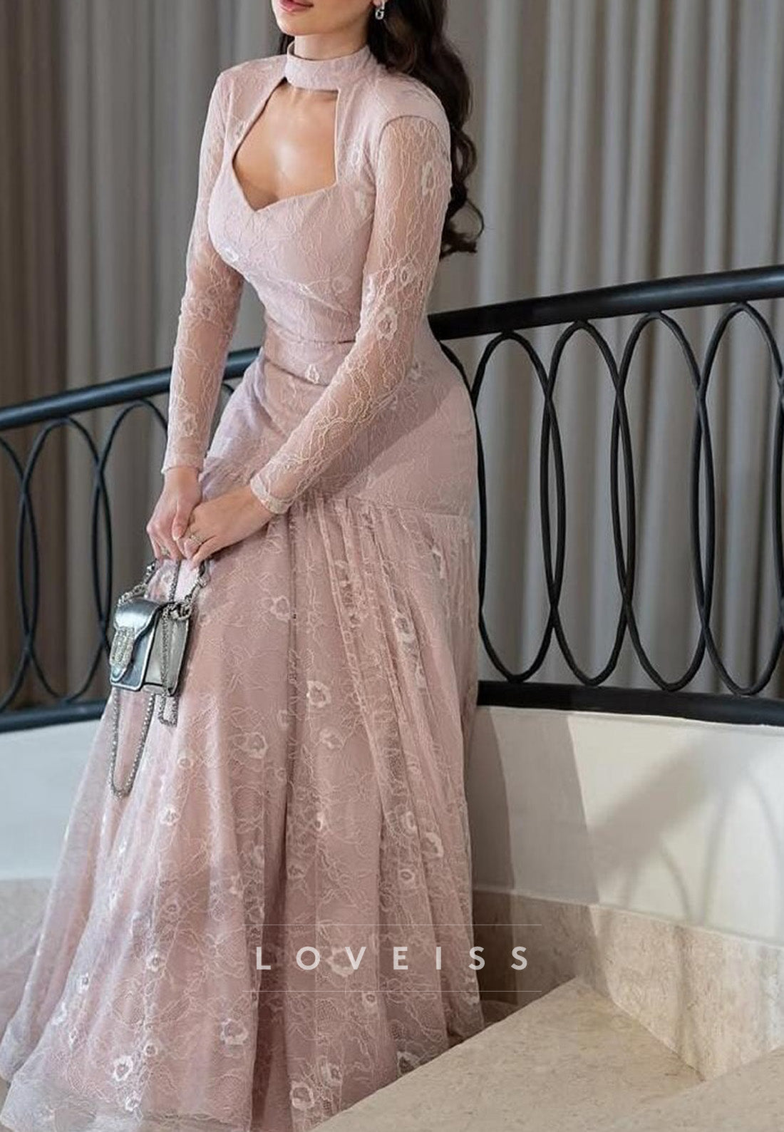High Neck Long Sleeves Pleated Sleek A-Line Mother of Bride Dress Loveiss High Neck Long Sleeves Pleated Sleek A-Line Mother of Bride Dress Loveiss