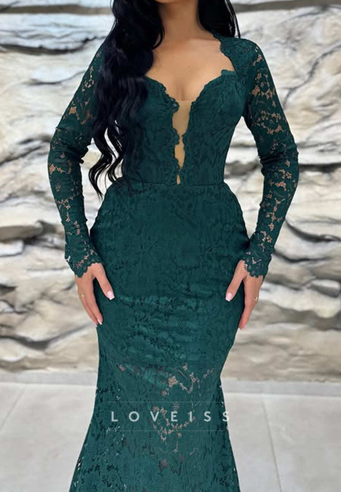 V-Neck Long Sleeves Lace Appliques Mermaid Formal Dress