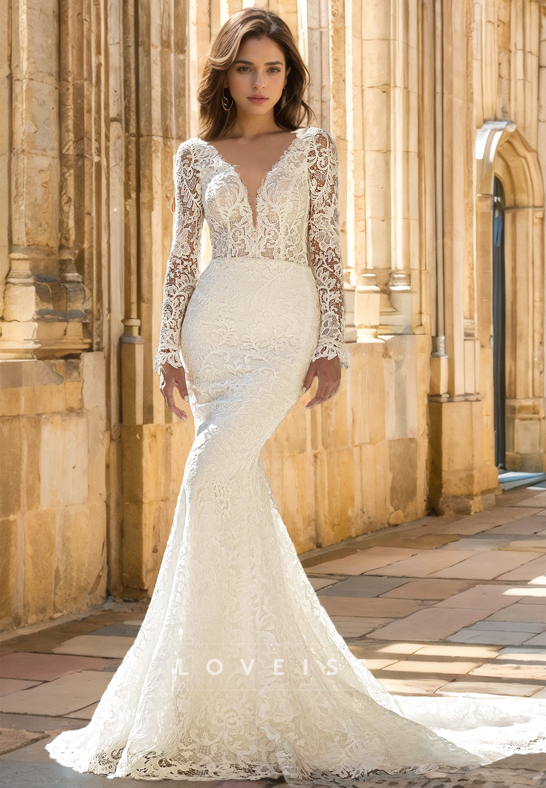 V-Neck Long Sleeves Lace Appliques Mermaid Wedding Dress