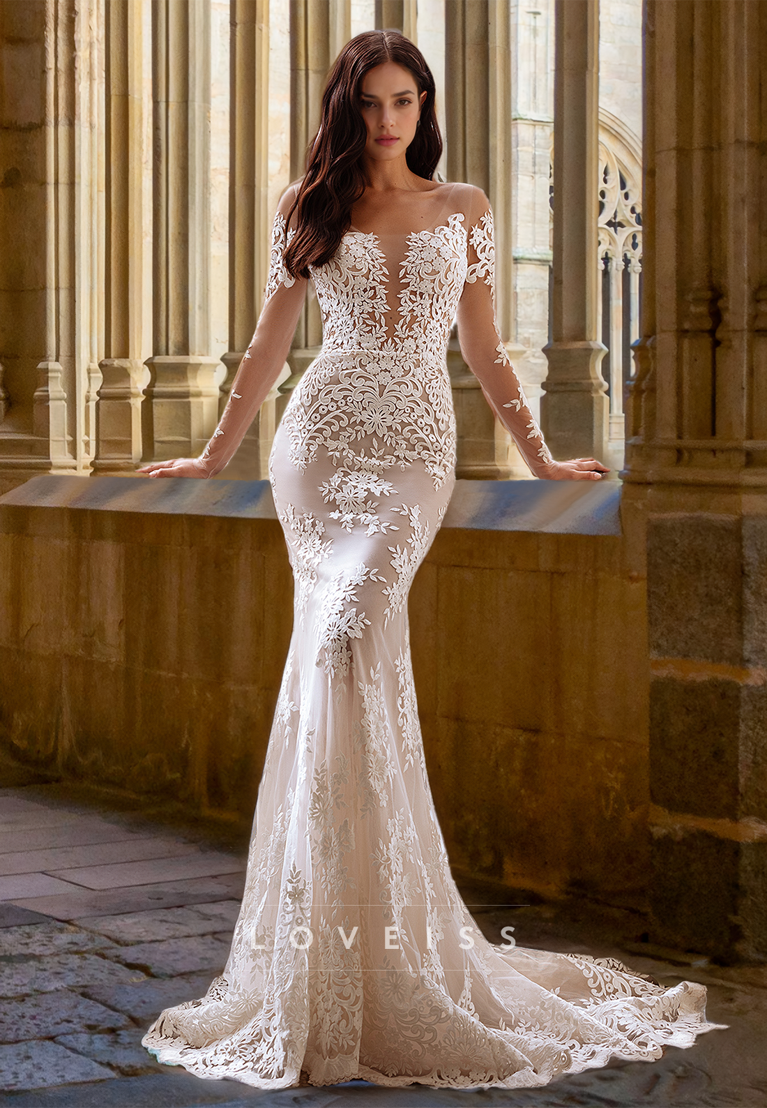 V-Neck Long Sleeves Lace Appliques Mermaid Wedding Dress Loveiss V-Neck Long Sleeves Lace Appliques Mermaid Wedding Dress Loveiss