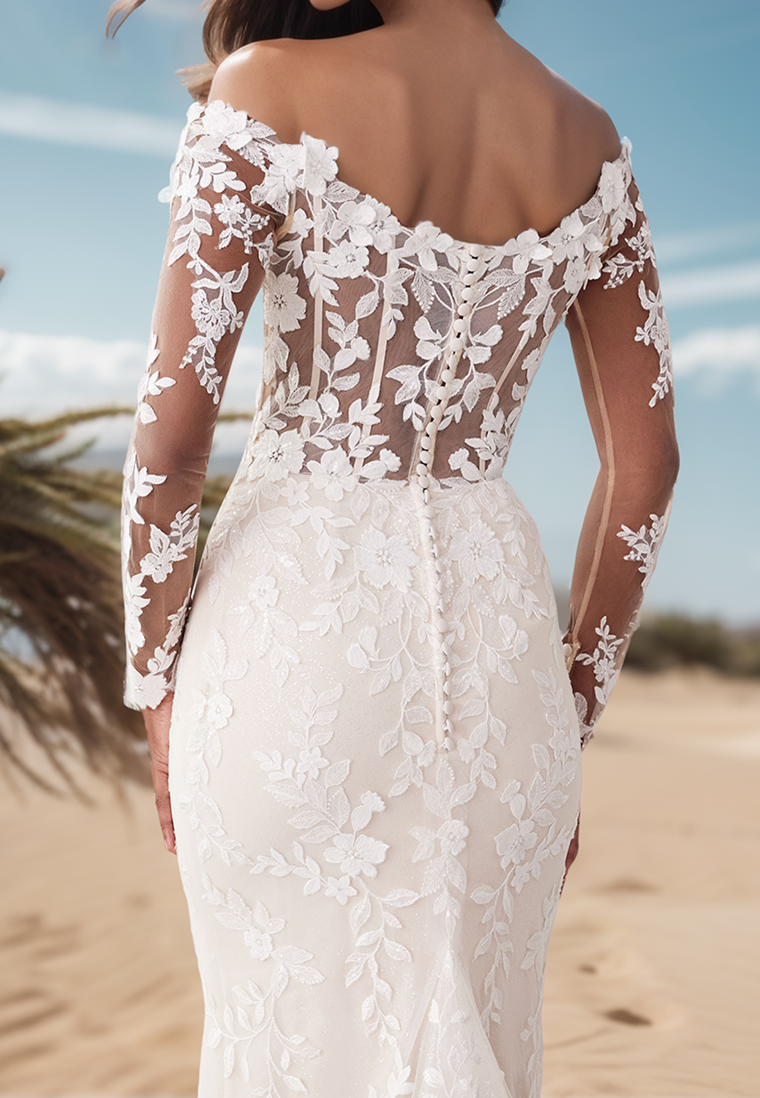 V-Neck Long Sleeves Lace Appliques Mermaid Wedding Dress