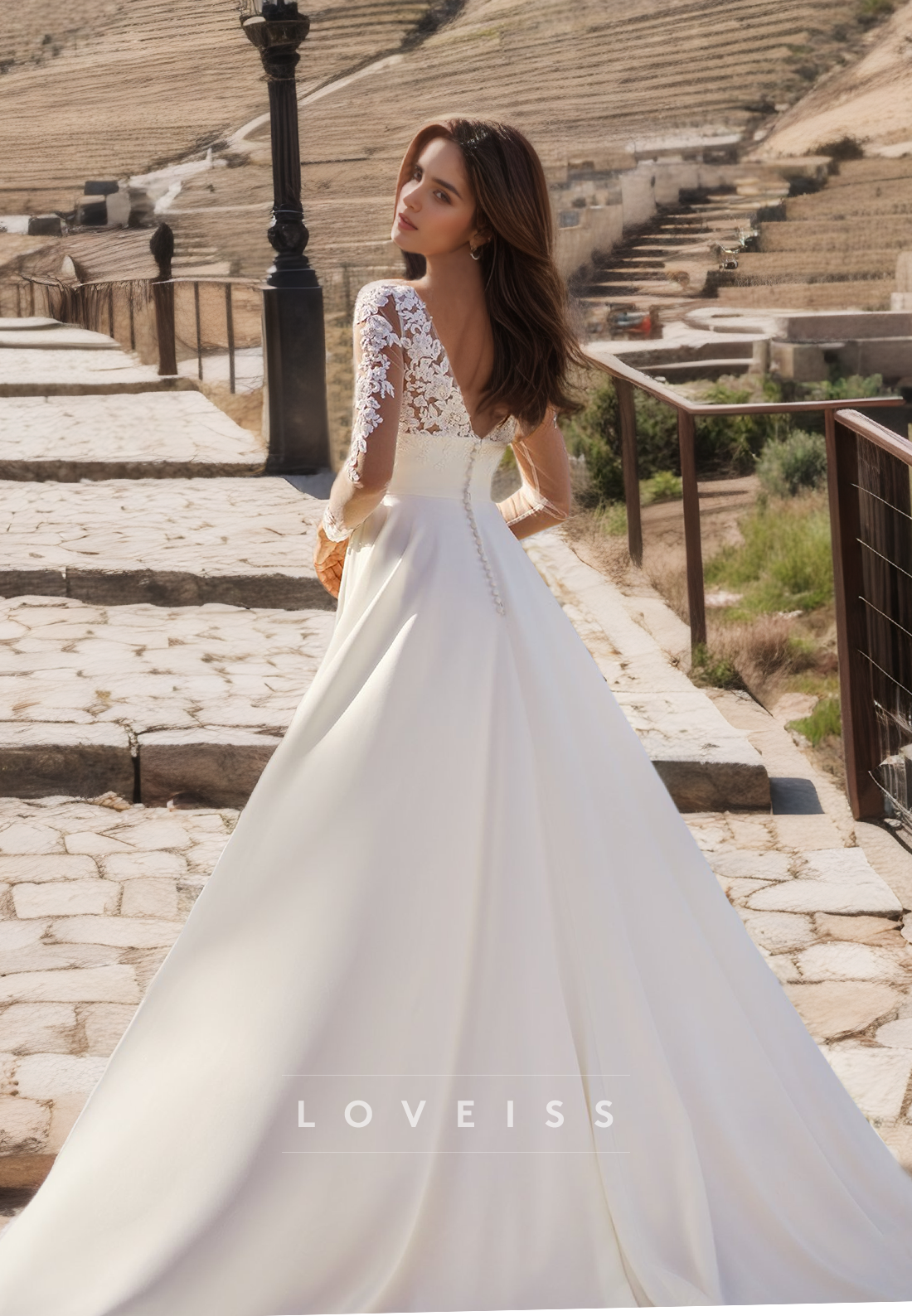 V-Neck Long Sleeves Lace Appliques Pleated A-Line Boho Wedding Dress
