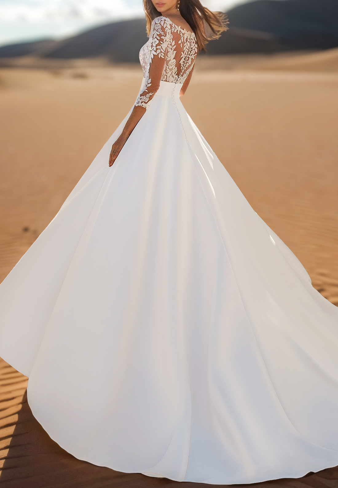 V-Neck Long Sleeves Lace Appliques Pleated A-Line Wedding Dress