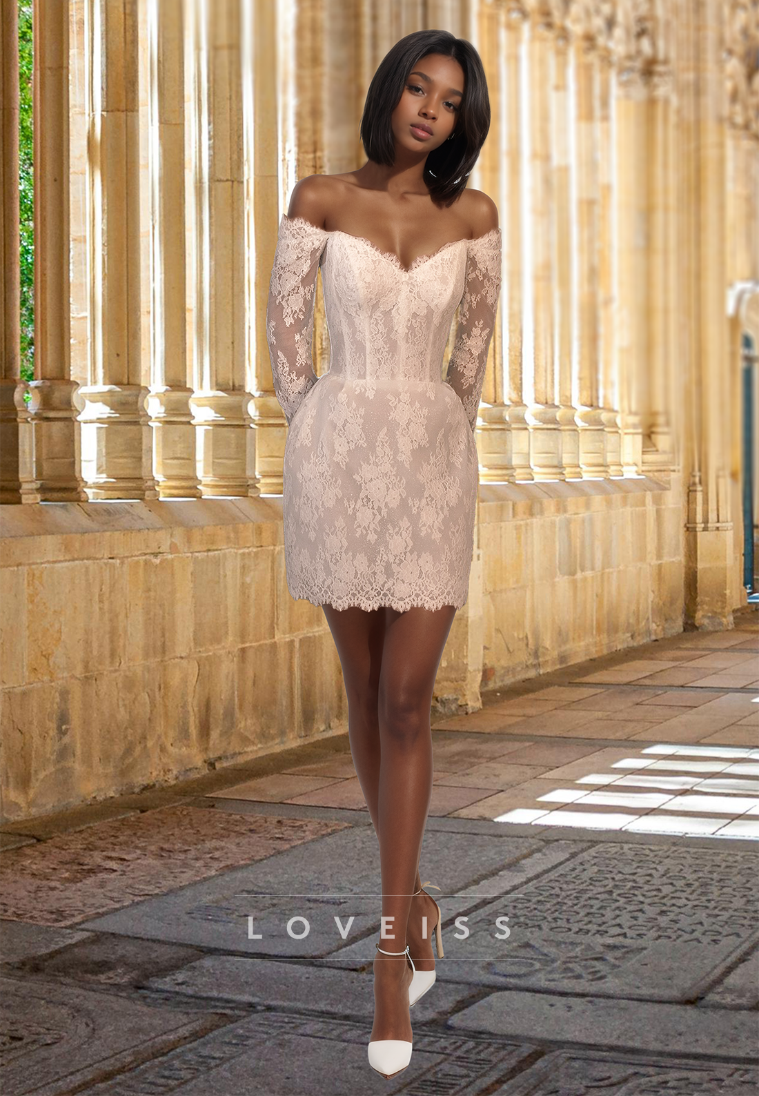 V-Neck Long Sleeves Lace Appliques Removable Pleated Sheath Beach Wedding Dress