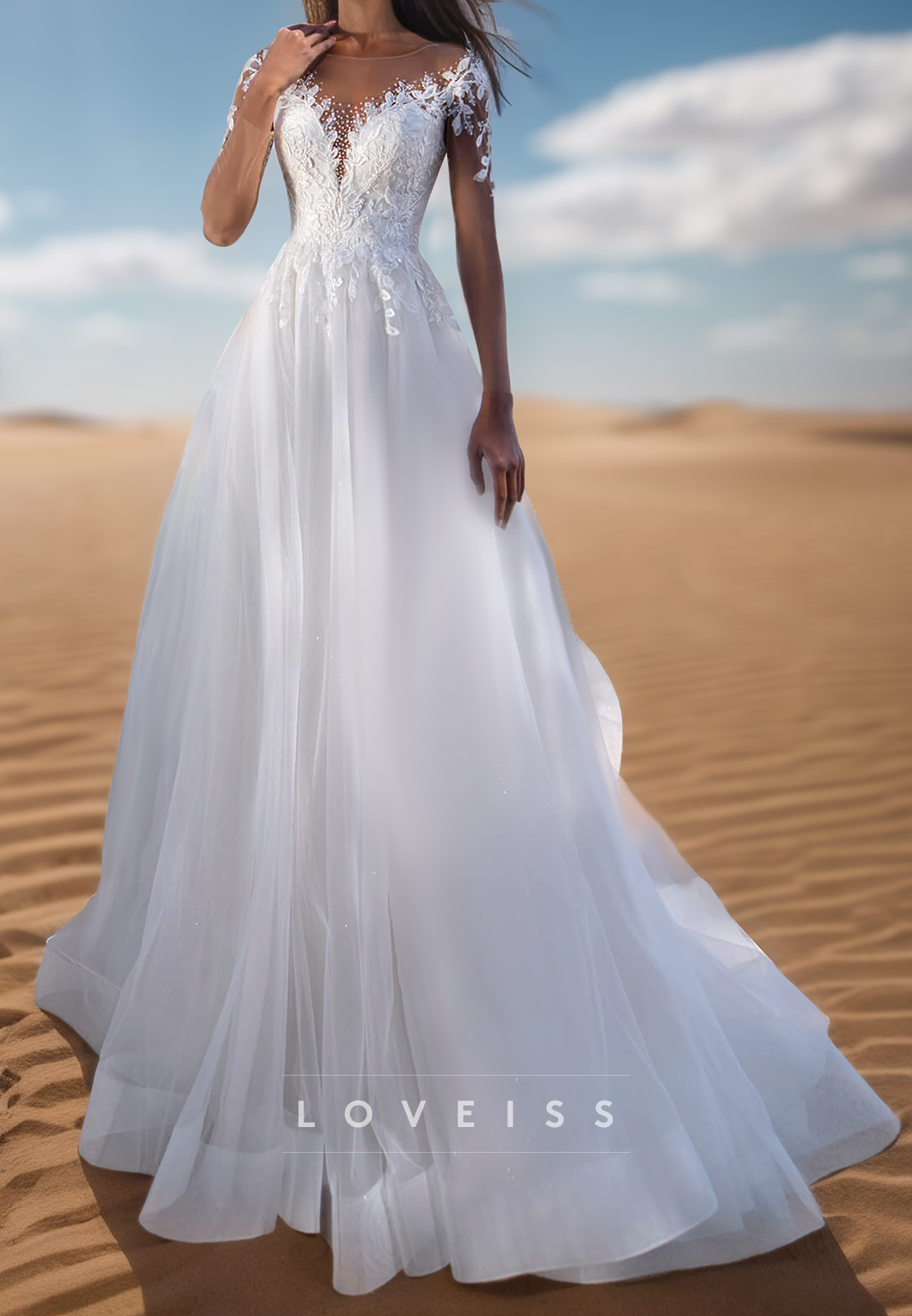 V-Neck Long Sleeves Lace Appliques Tulle A-Line Wedding Dress