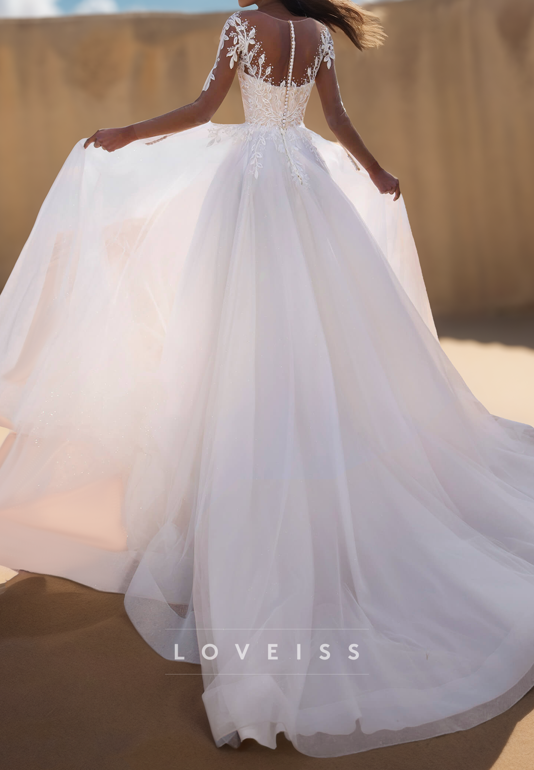 V-Neck Long Sleeves Lace Appliques Tulle A-Line Wedding Dress