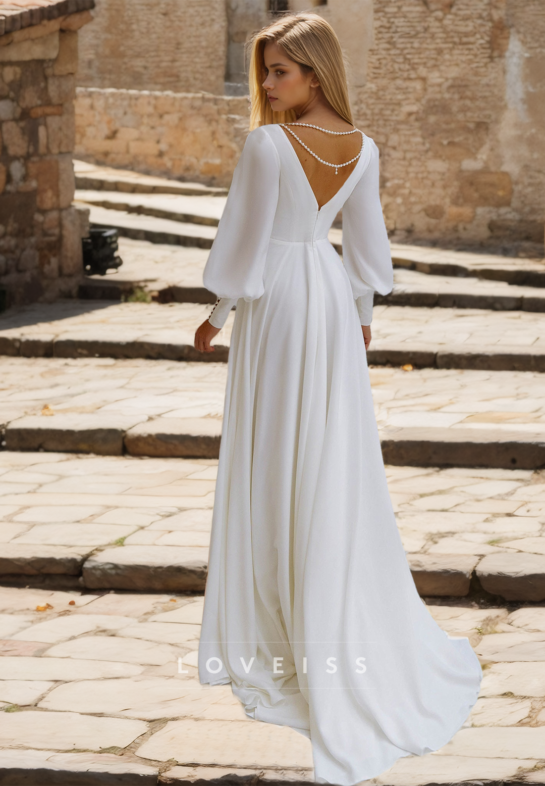 V-Neck Long Sleeves Pleated A-Line Beach Wedding Dress