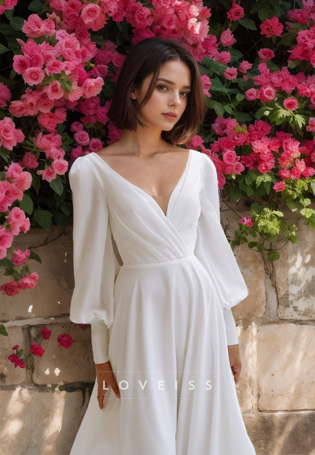 V-Neck Long Sleeves Pleated A-Line Beach Wedding Dress