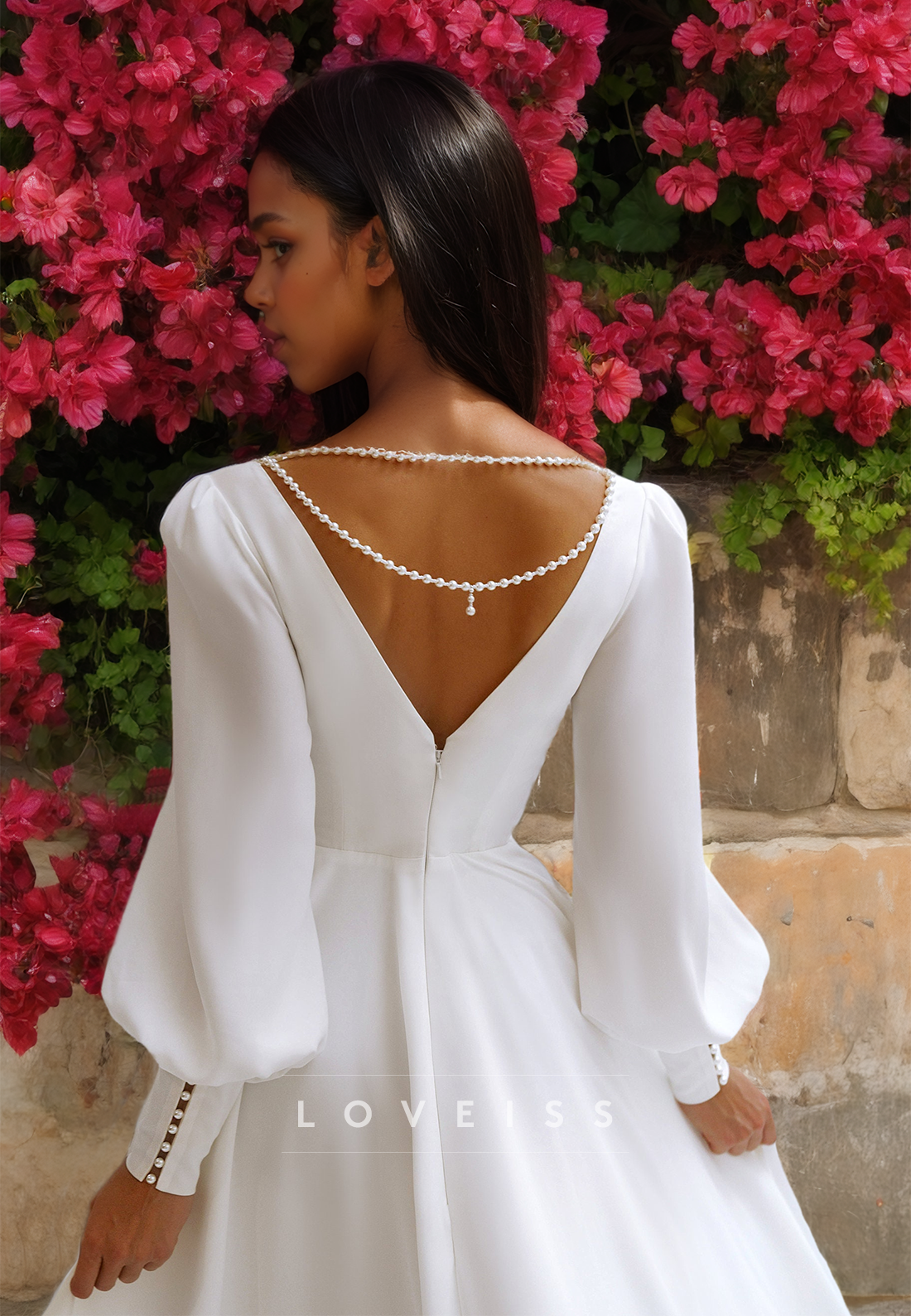 V-Neck Long Sleeves Pleated A-Line Beach Wedding Dress