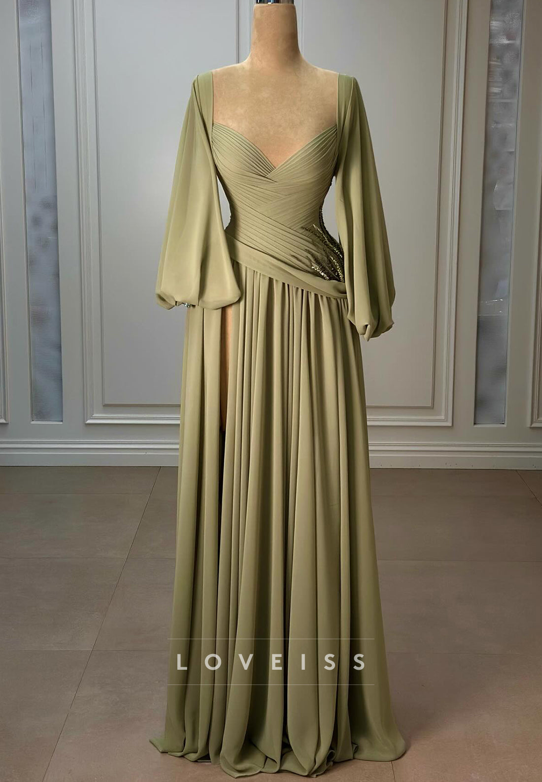 V-Neck Long Sleeves Pleated A-Line Evening Dress