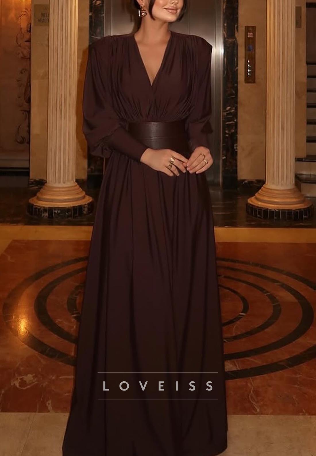 V-Neck Long Sleeves Pleated A-Line Formal Dress