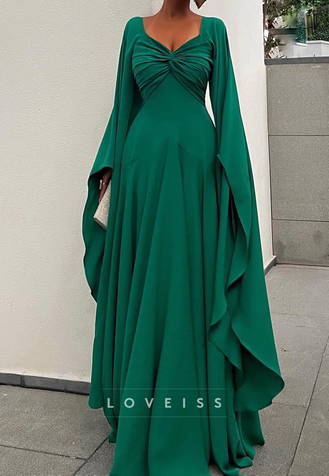 V-Neck Long Sleeves Pleated A-Line Formal Dress