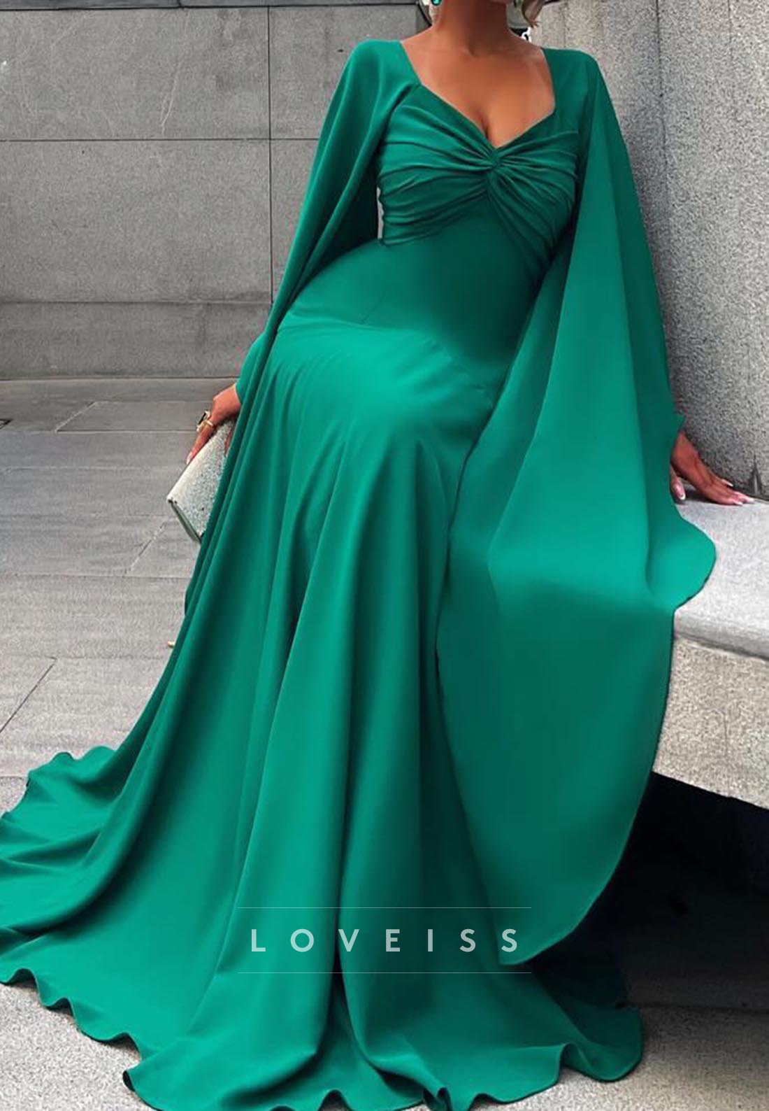 V-Neck Long Sleeves Pleated A-Line Formal Dress