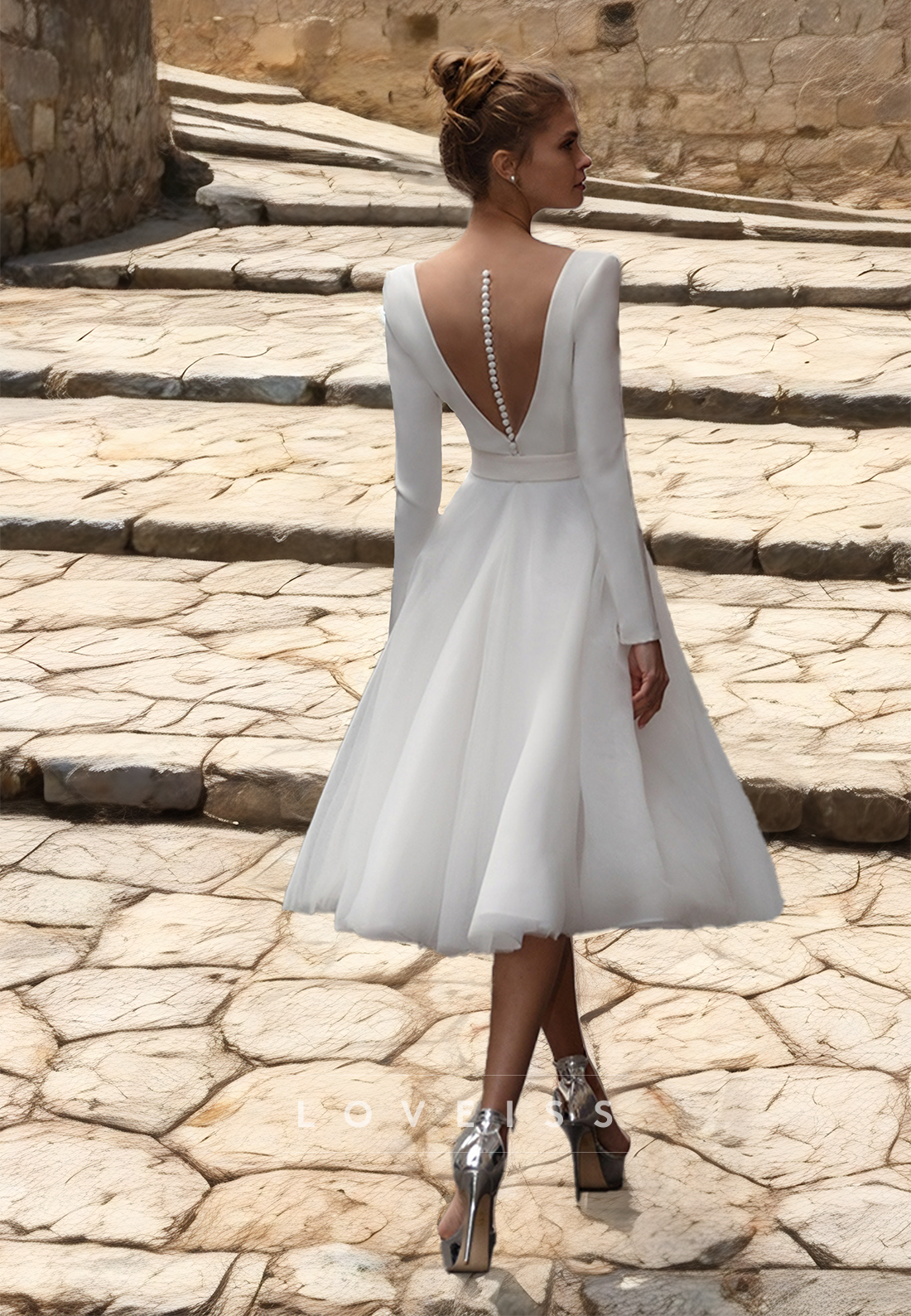 V-Neck Long Sleeves Pleated A-Line Simple Wedding Dress