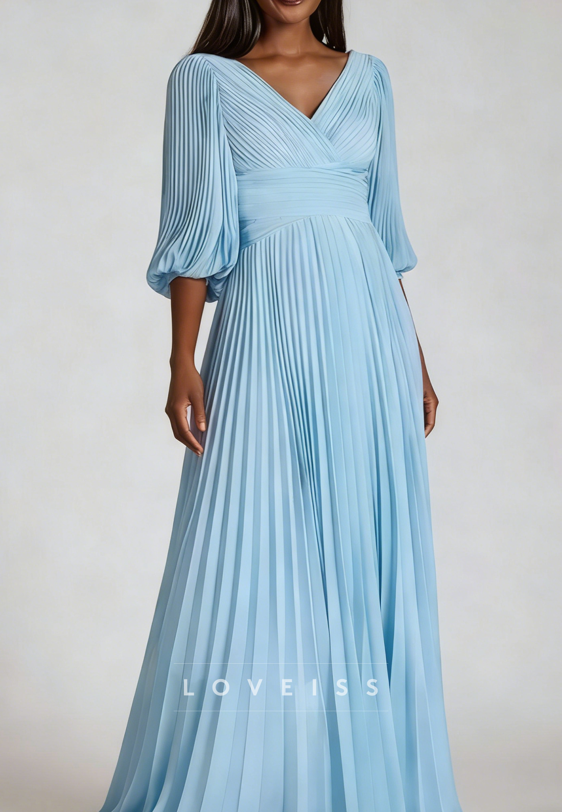 V-Neck Long Sleeves Pleated A-Line Wedding Guest Dress