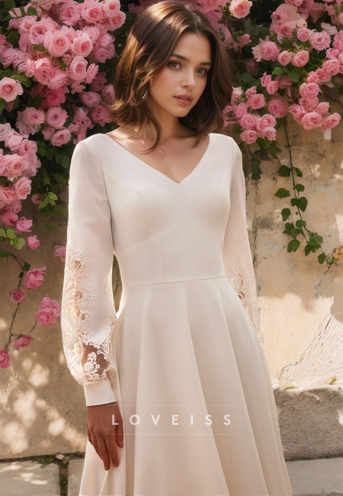 V-Neck Long Sleeves Pleated Appliques A-Line Wedding Dress