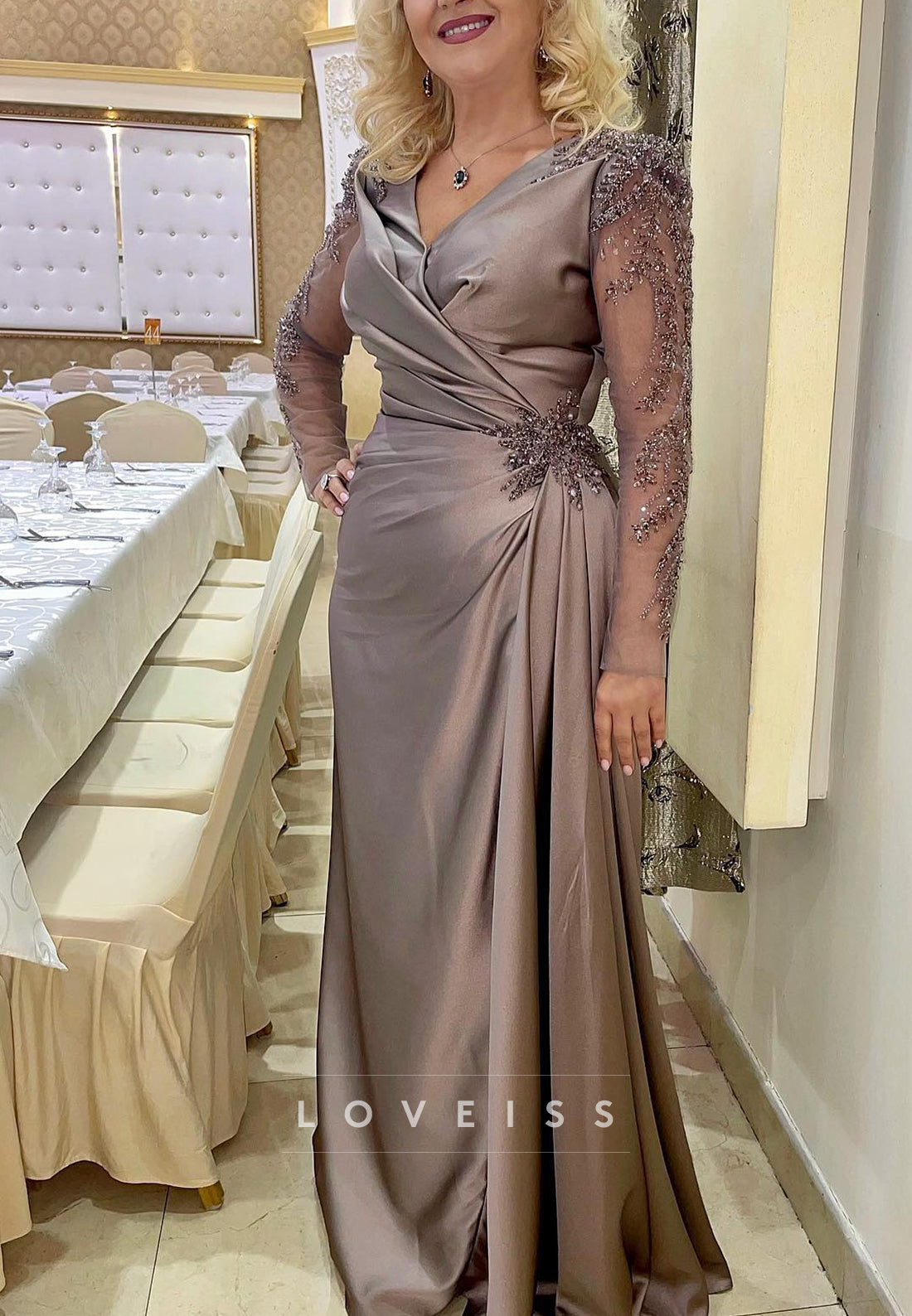 V-Neck Long Sleeves Pleated Appliques Sheath Mother of Bride Dress