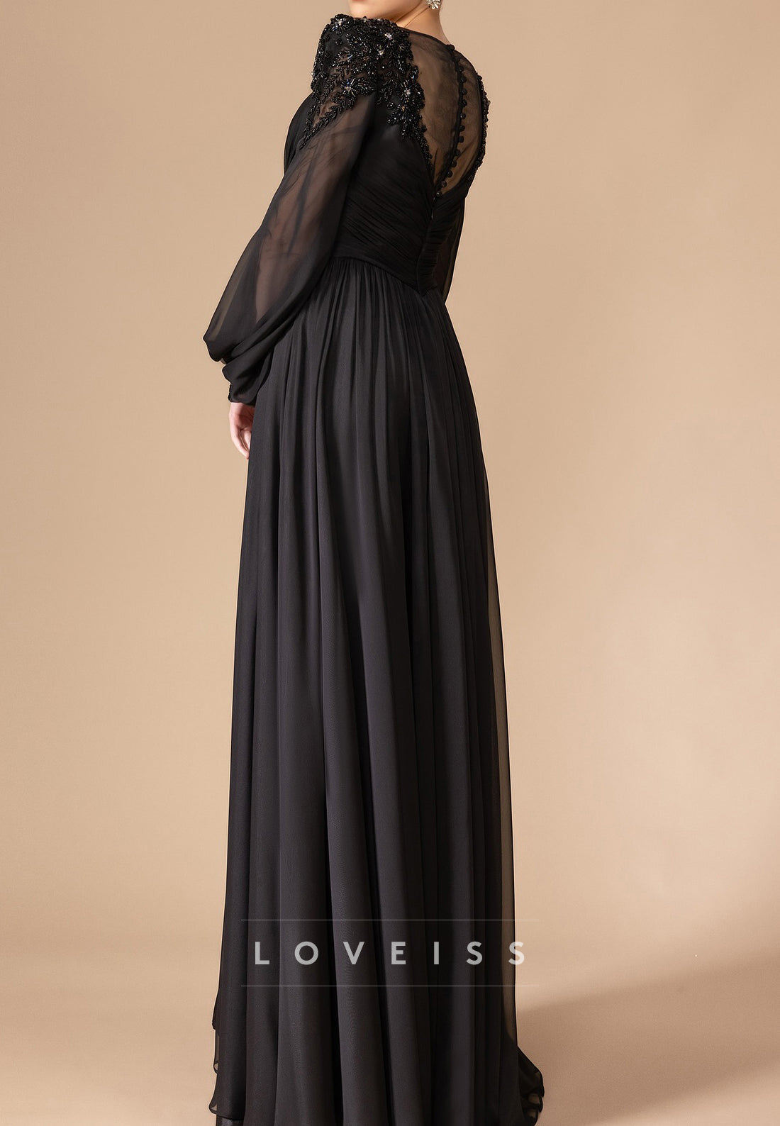 V-Neck Long Sleeves Pleated Beaded A-Line Evening Dress