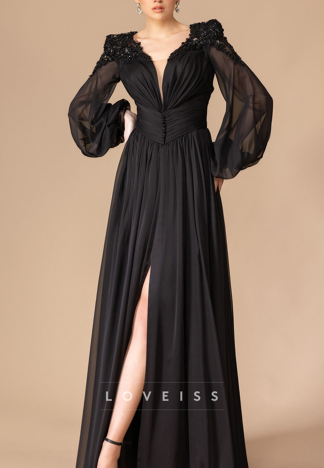 V-Neck Long Sleeves Pleated Beaded A-Line Evening Dress
