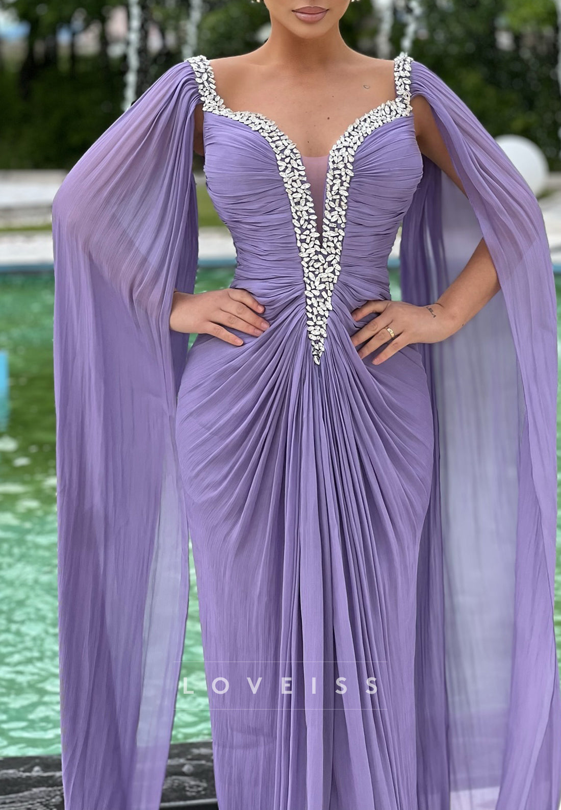 V-Neck Long Sleeves Pleated Beaded Sheath Evening Dress