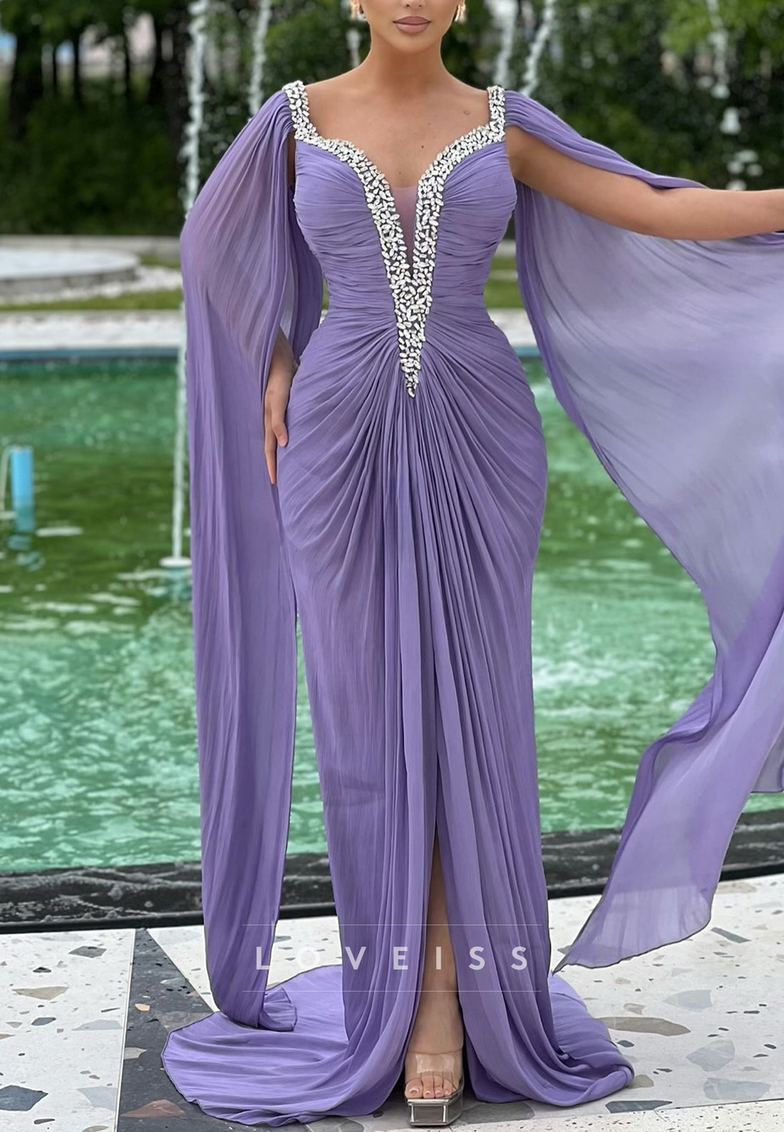 V-Neck Long Sleeves Pleated Beaded Sheath Evening Dress