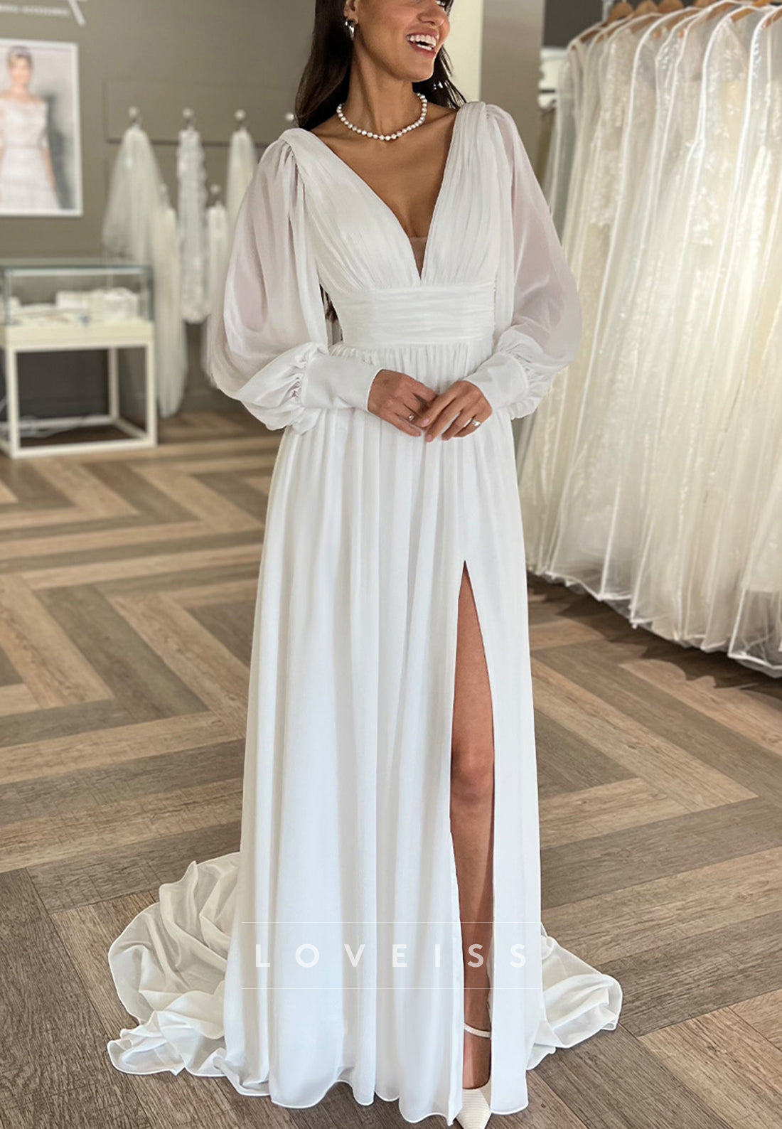 V-Neck Long Sleeves Pleated Chiffon A-Line Beach Wedding Dress
