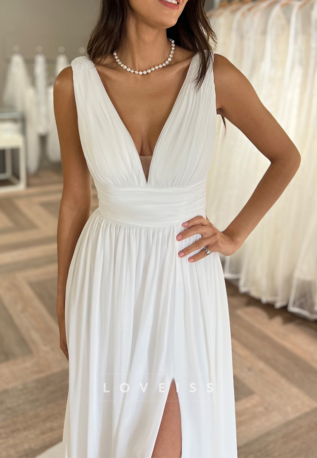 V-Neck Long Sleeves Pleated Chiffon A-Line Beach Wedding Dress