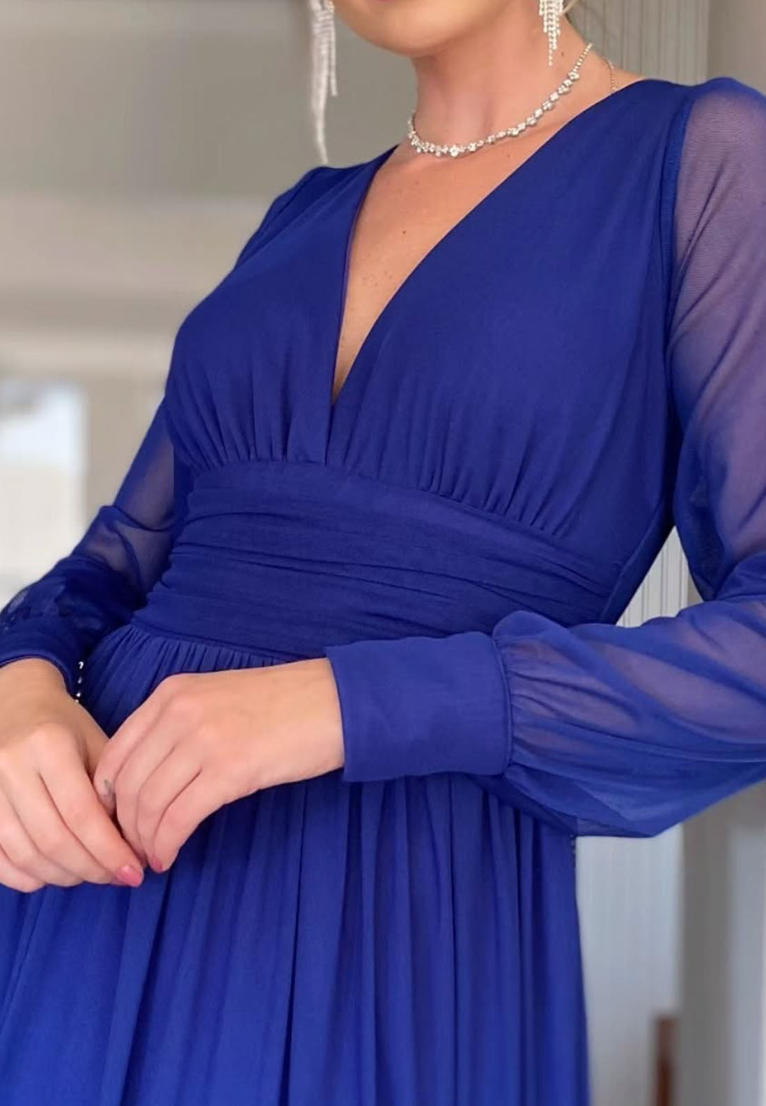 V-Neck Long Sleeves Pleated Chiffon A-Line Mother of Bride Dress