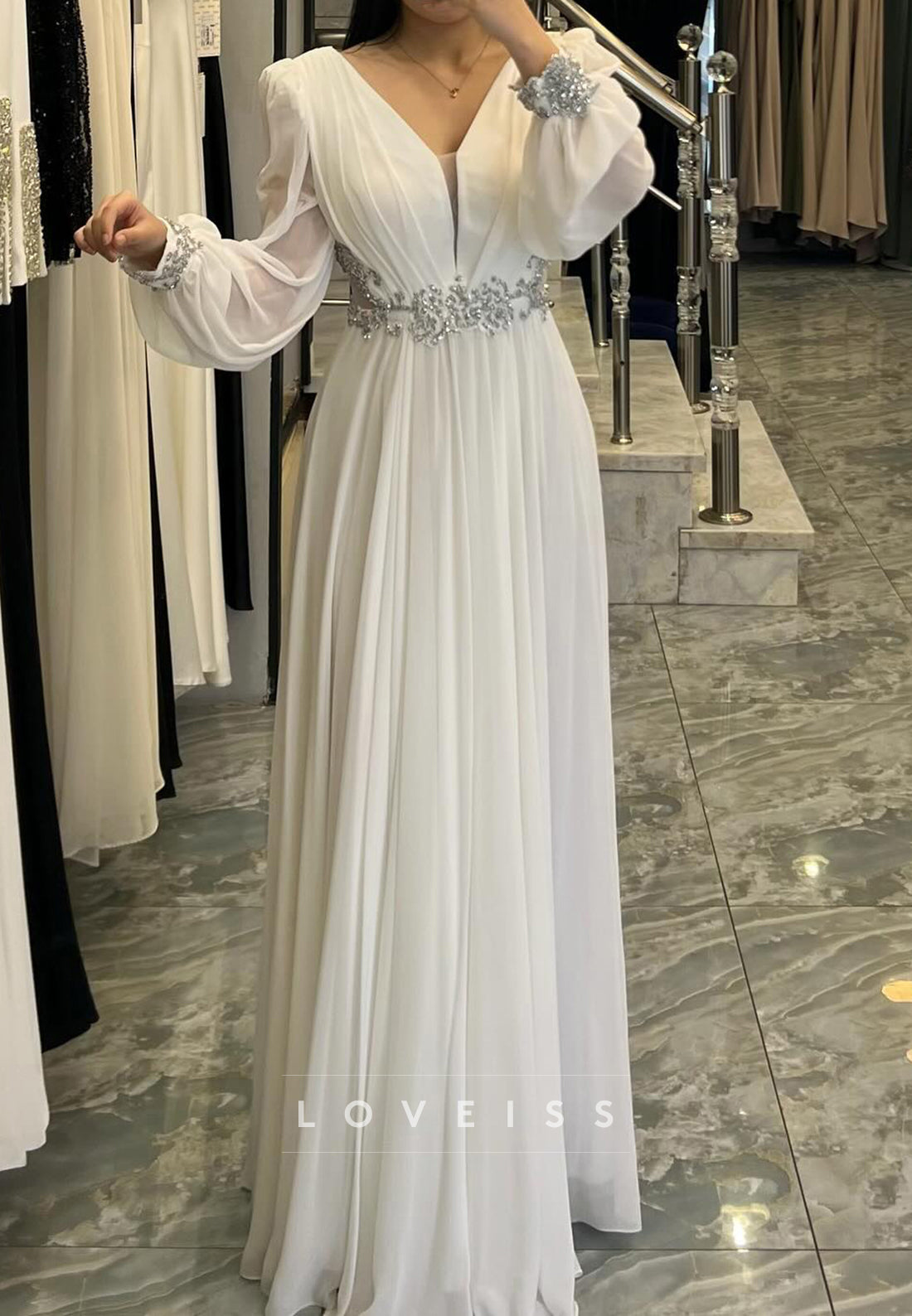 V-Neck Long Sleeves Pleated Chiffon Beaded A-Line Formal Dress