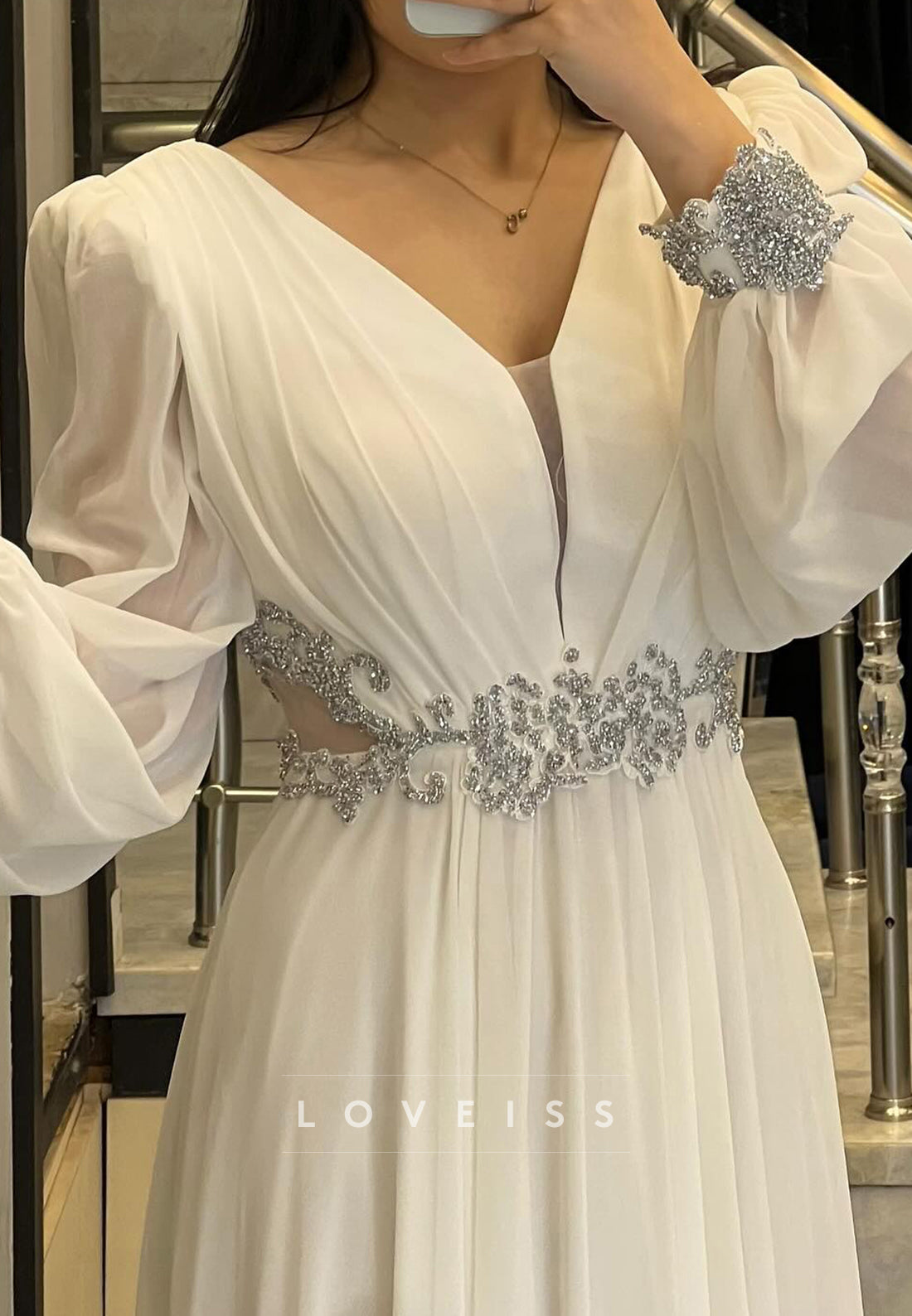 V-Neck Long Sleeves Pleated Chiffon Beaded A-Line Formal Dress