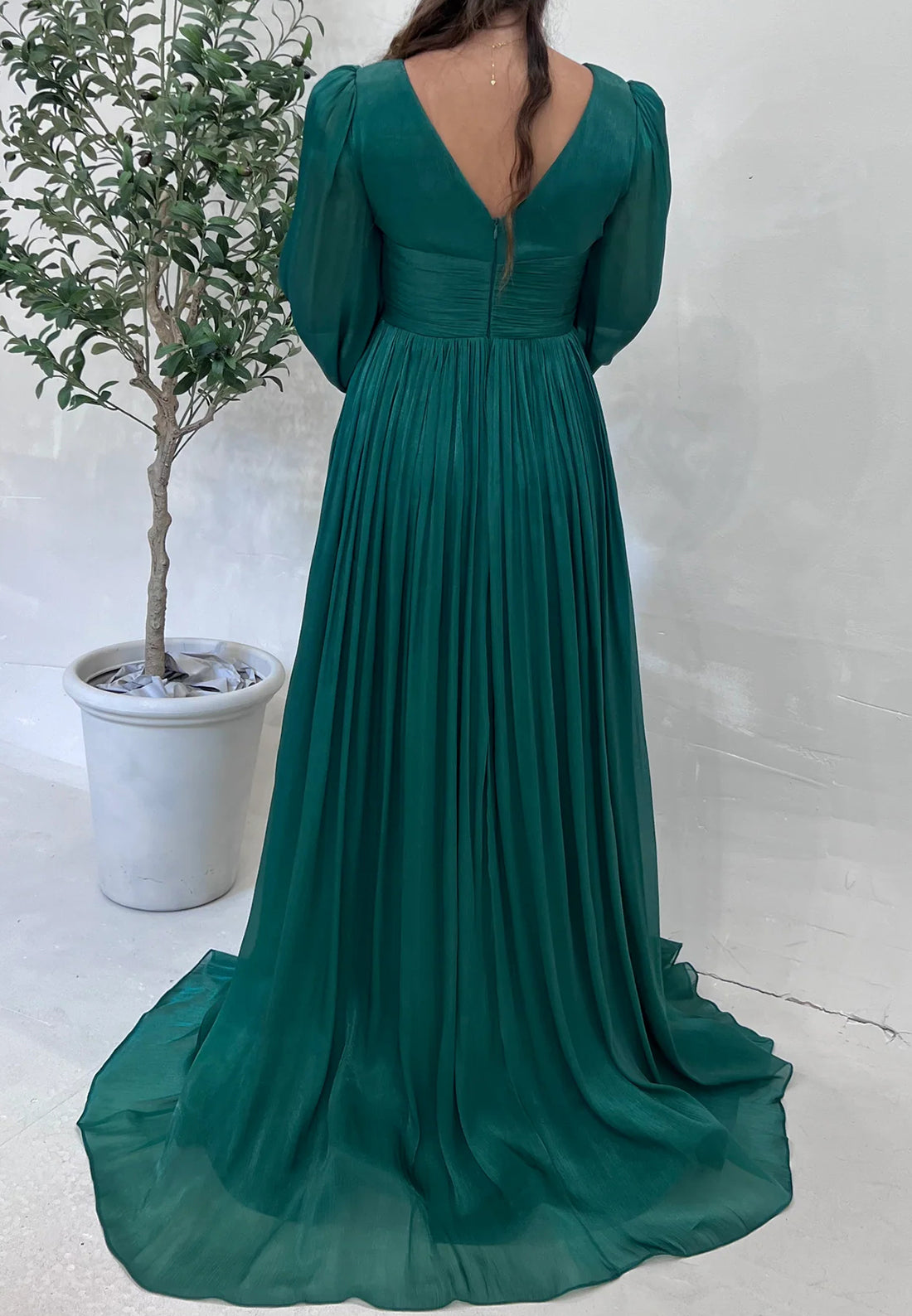 V-Neck Long Sleeves Pleated Mother of Bride Dress Chiffon A-Line Formal Dress