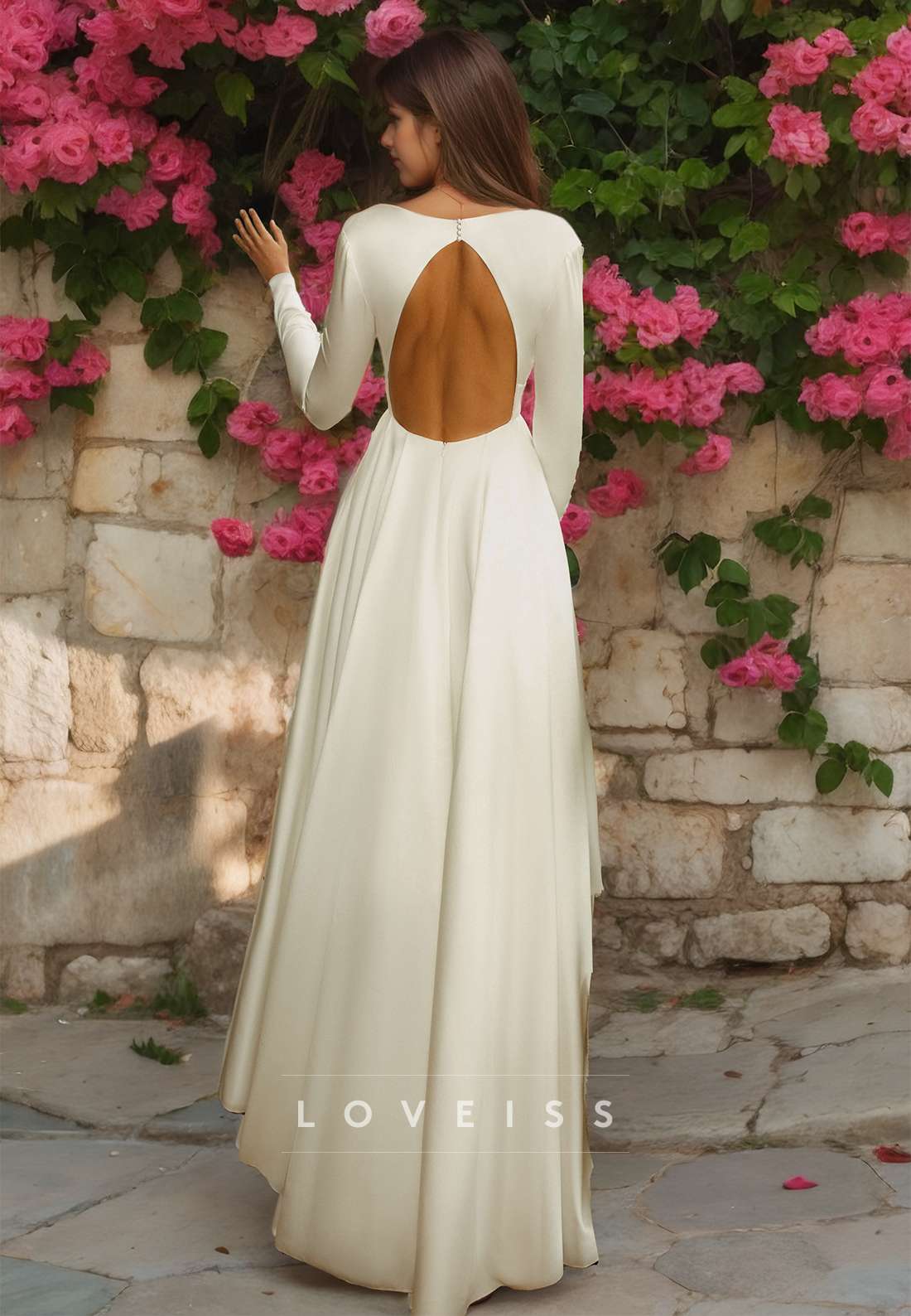 V-Neck Long Sleeves Pleated Satin A-Line Wedding Dress