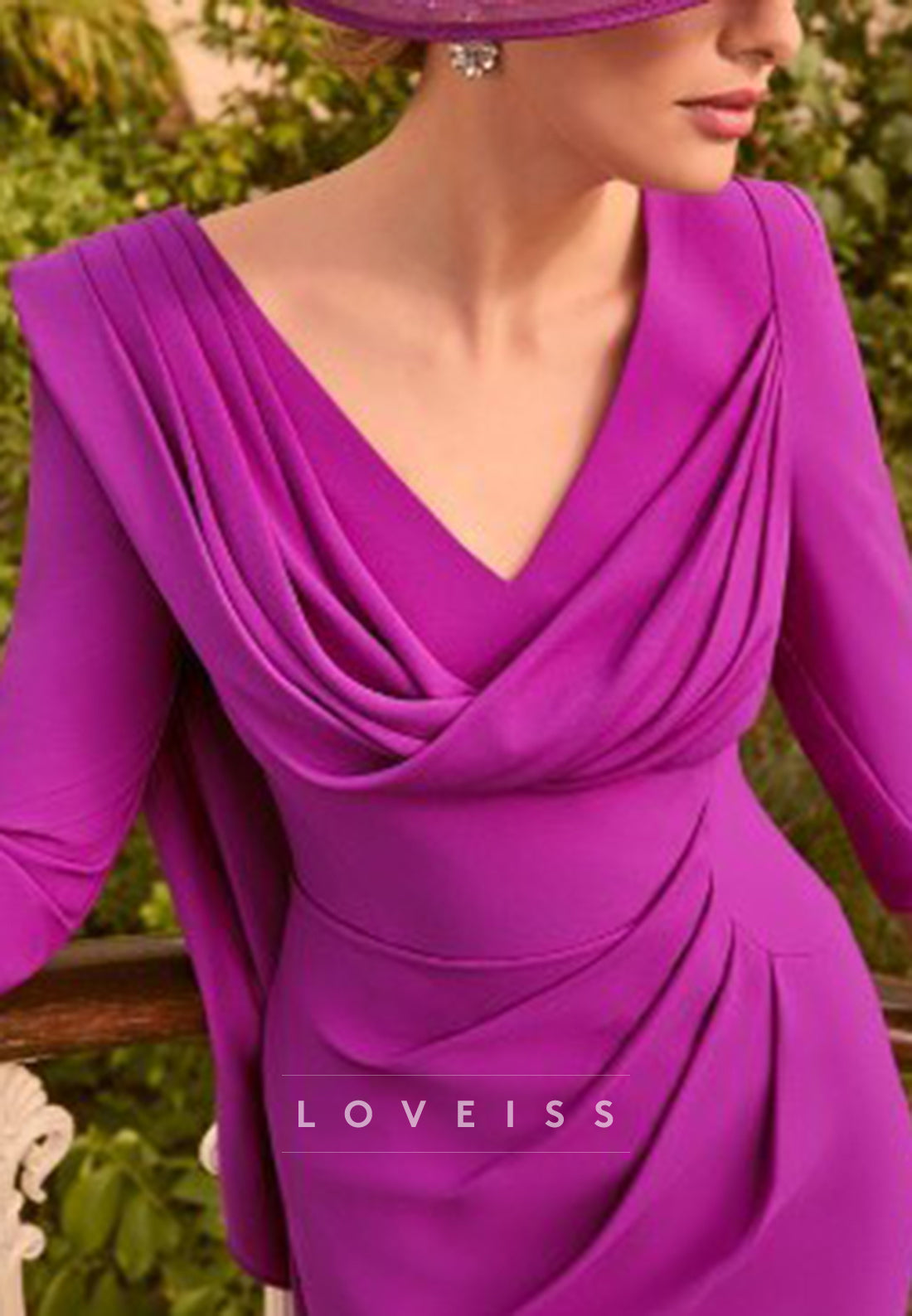 V-Neck Long Sleeves Pleated Sheath Mother of Bride Dress