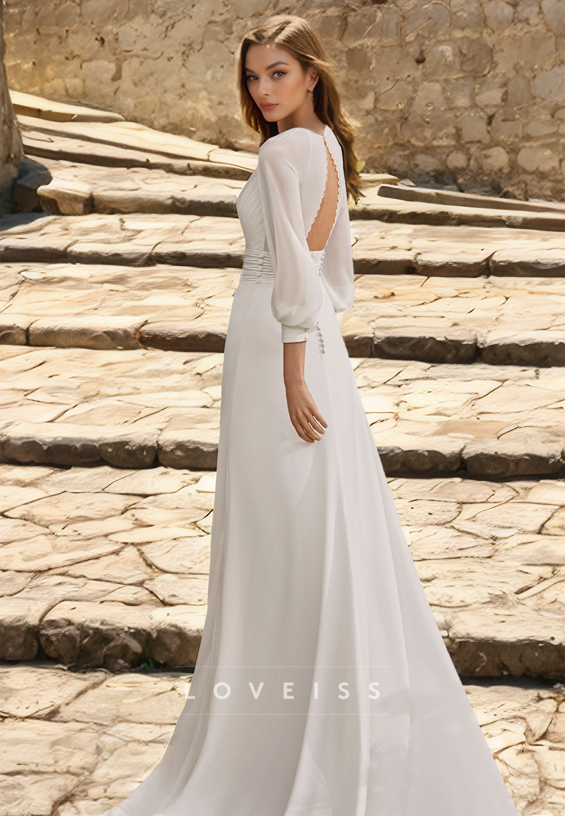 V-Neck Long Sleeves Pleated Sleek Boho Wedding Dress