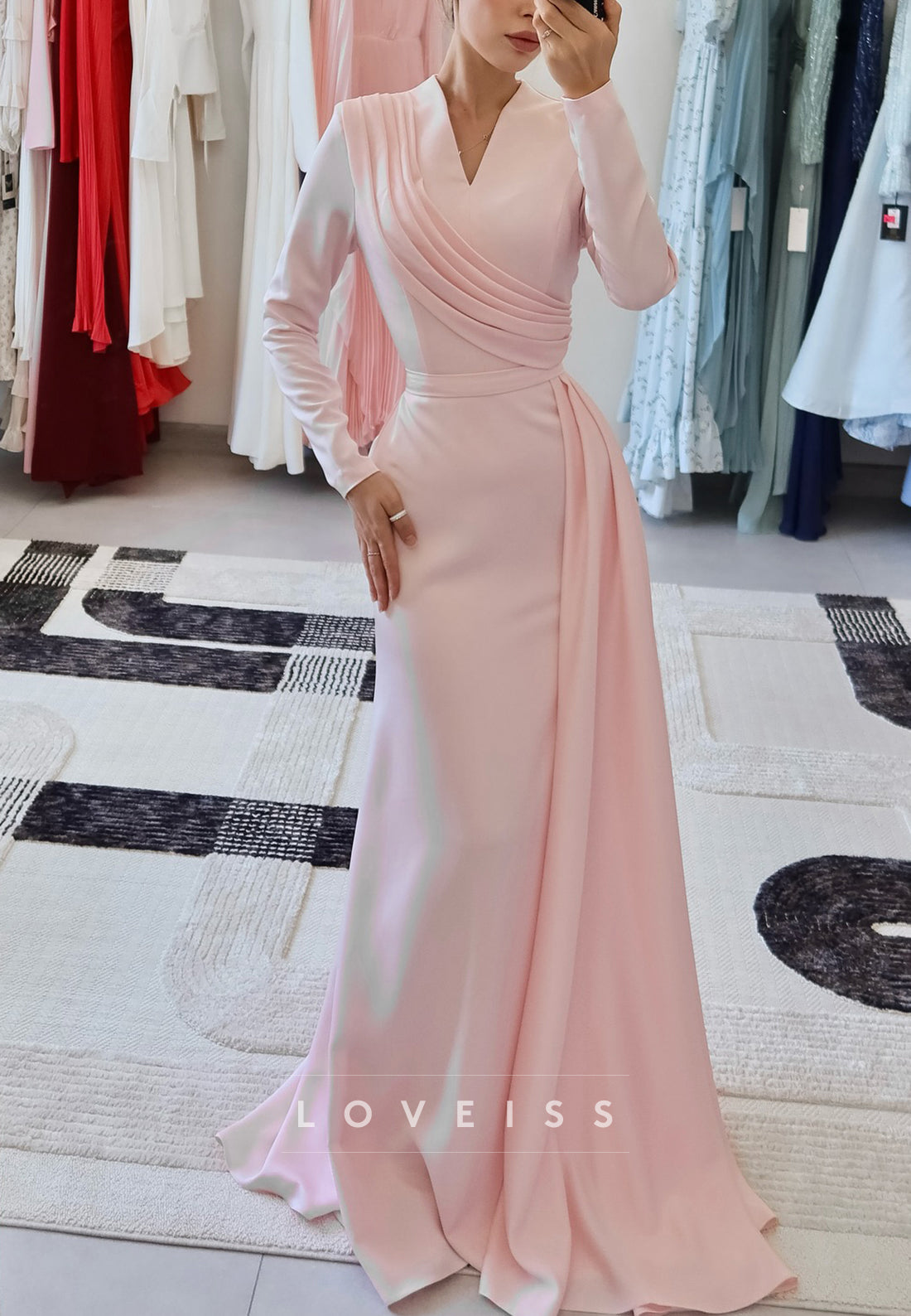 V-Neck Long Sleeves Pleated Sleek Sheath Evening Dress