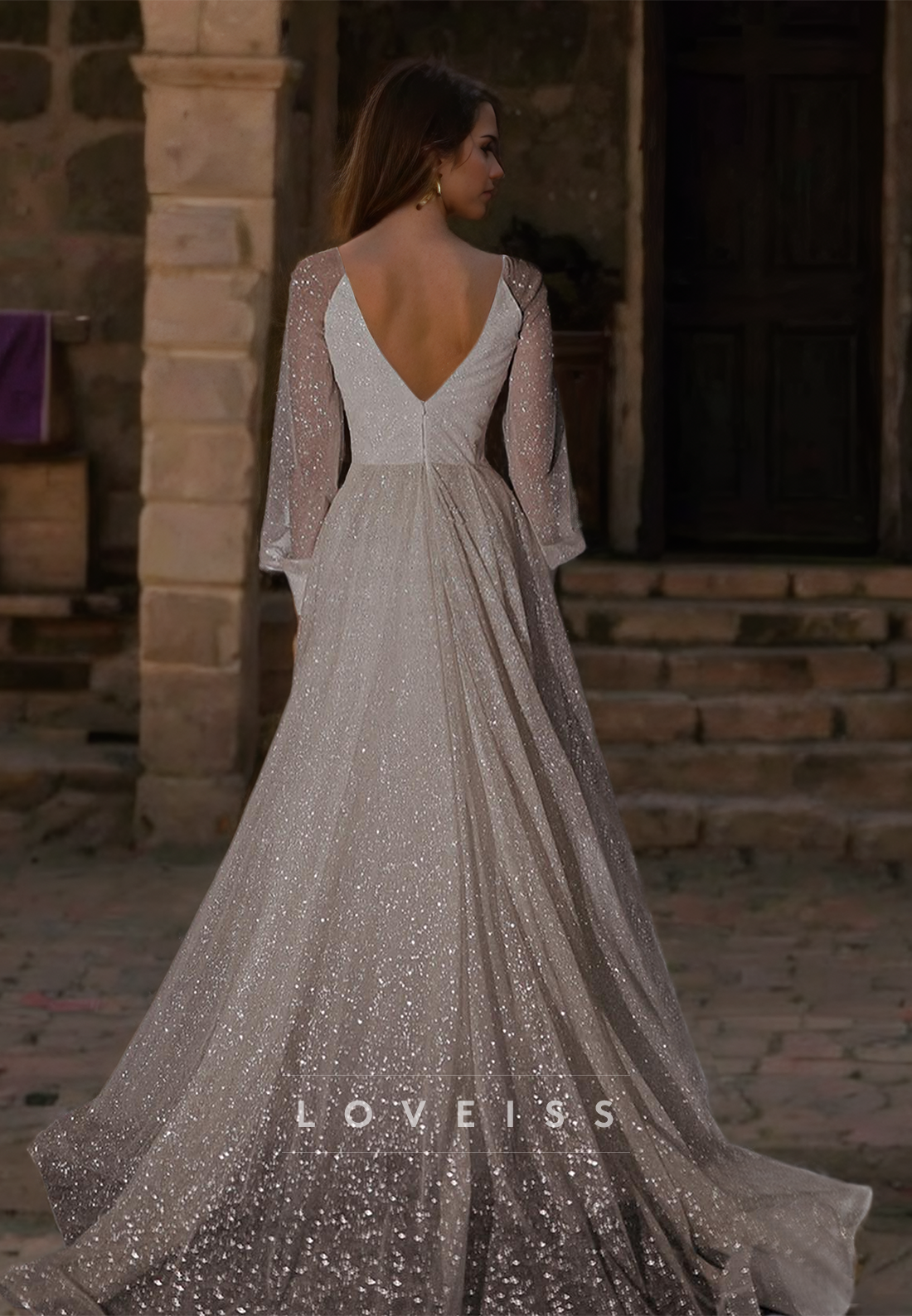 V-Neck Long Sleeves Pleated Tulle Sparkly A-Line Wedding Dress