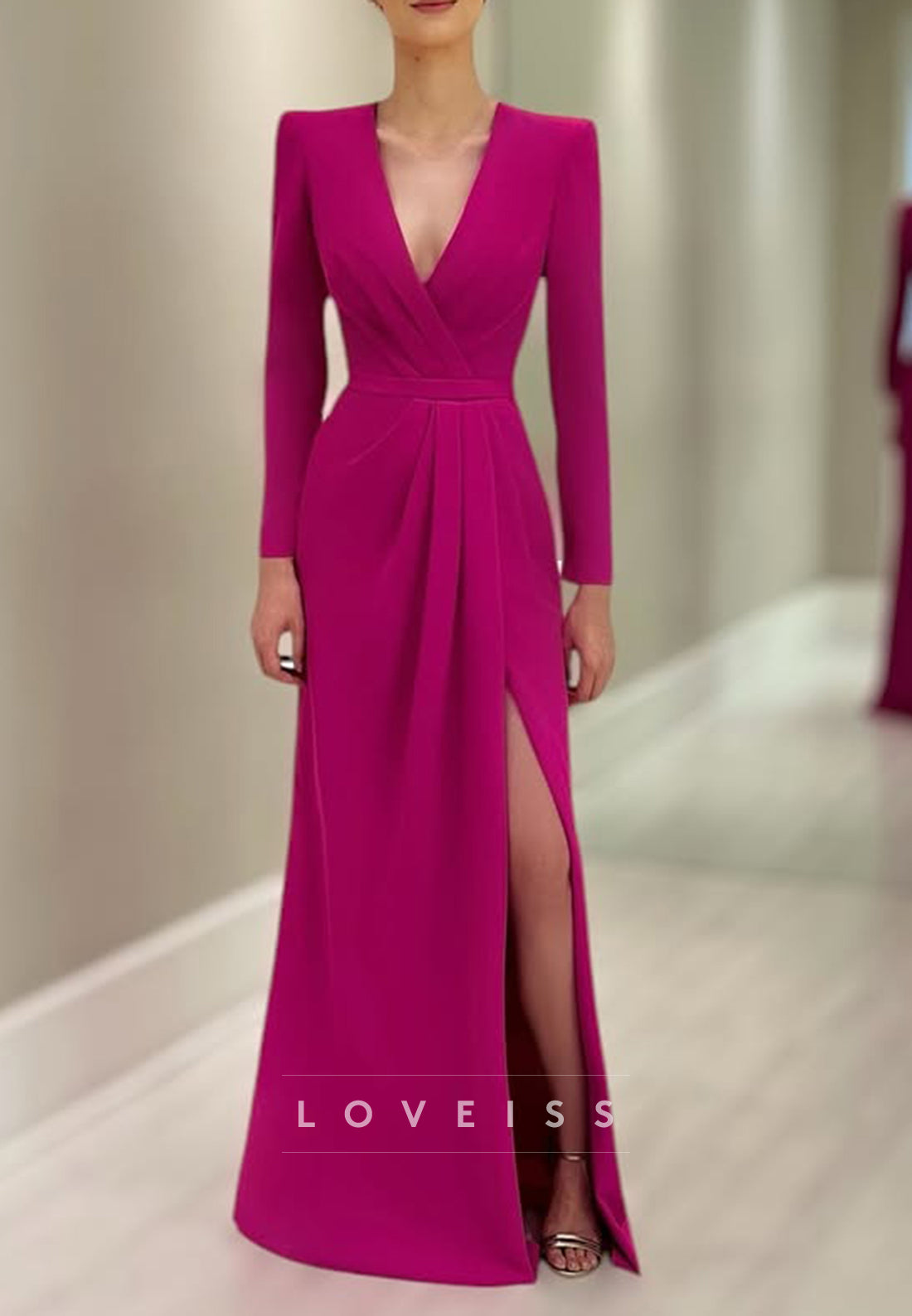 V-Neck Long Sleeves Ruched Sheath Formal Dress