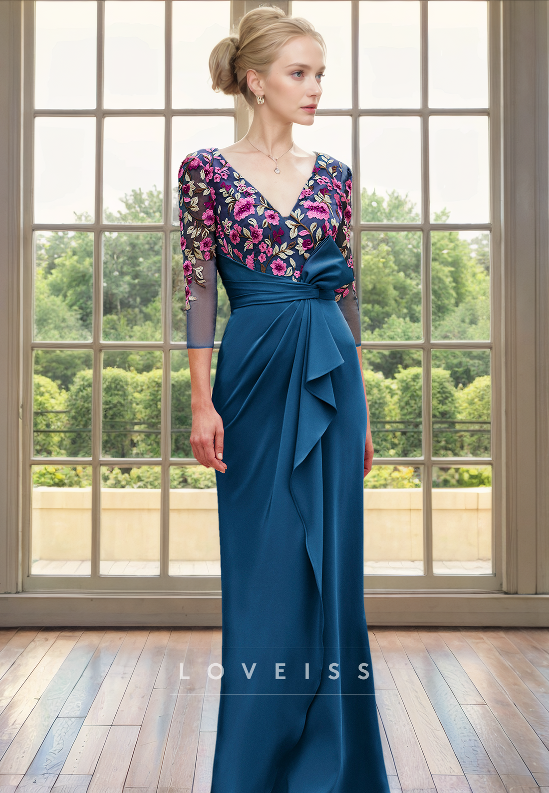 V-Neck Long Sleeves Ruffled Bowknot Floral Mother of Bride Dress Cocktail Dress