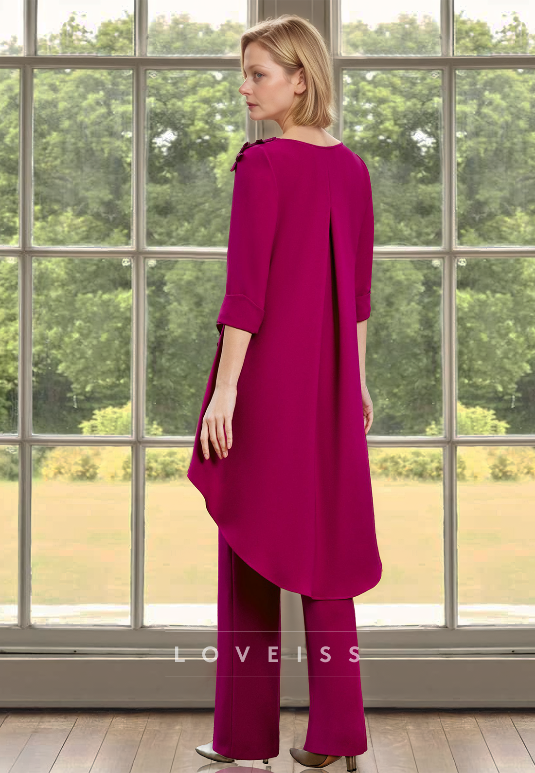 V-Neck Long Sleeves Ruffled Jumpsuit Mother of Bride Dress