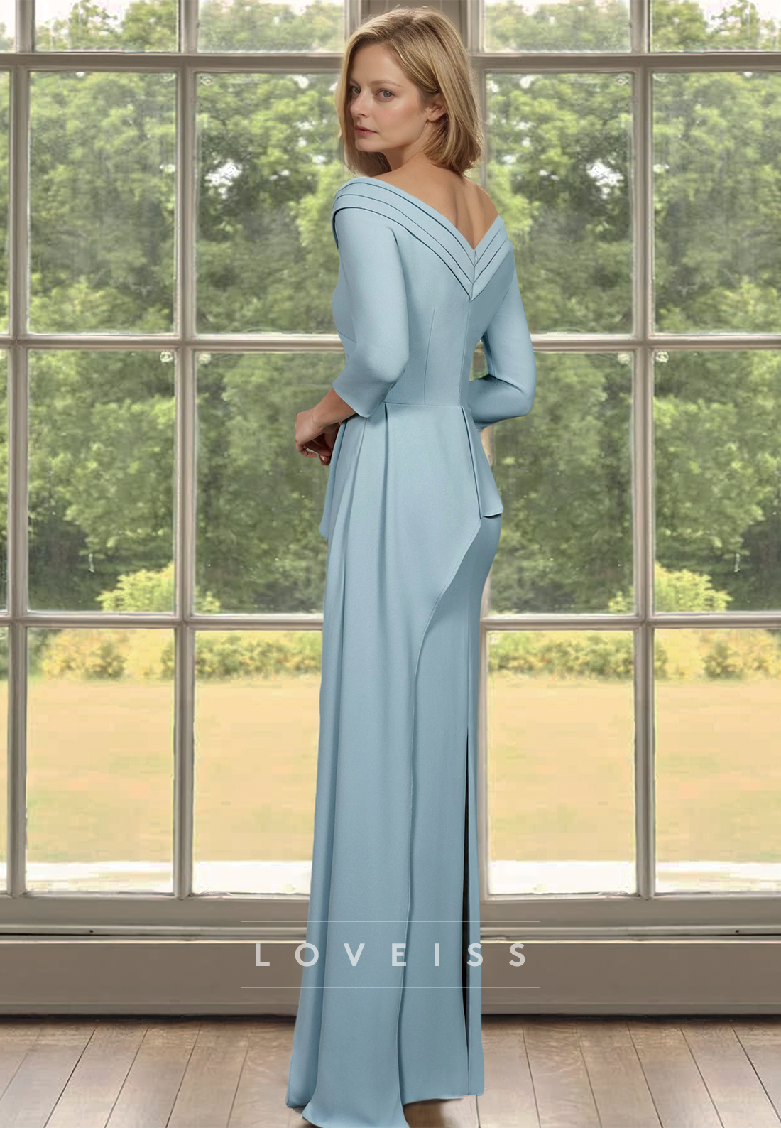 V-Neck Long Sleeves Ruffled Pleated Satin Sheath Mother of Bride Dress