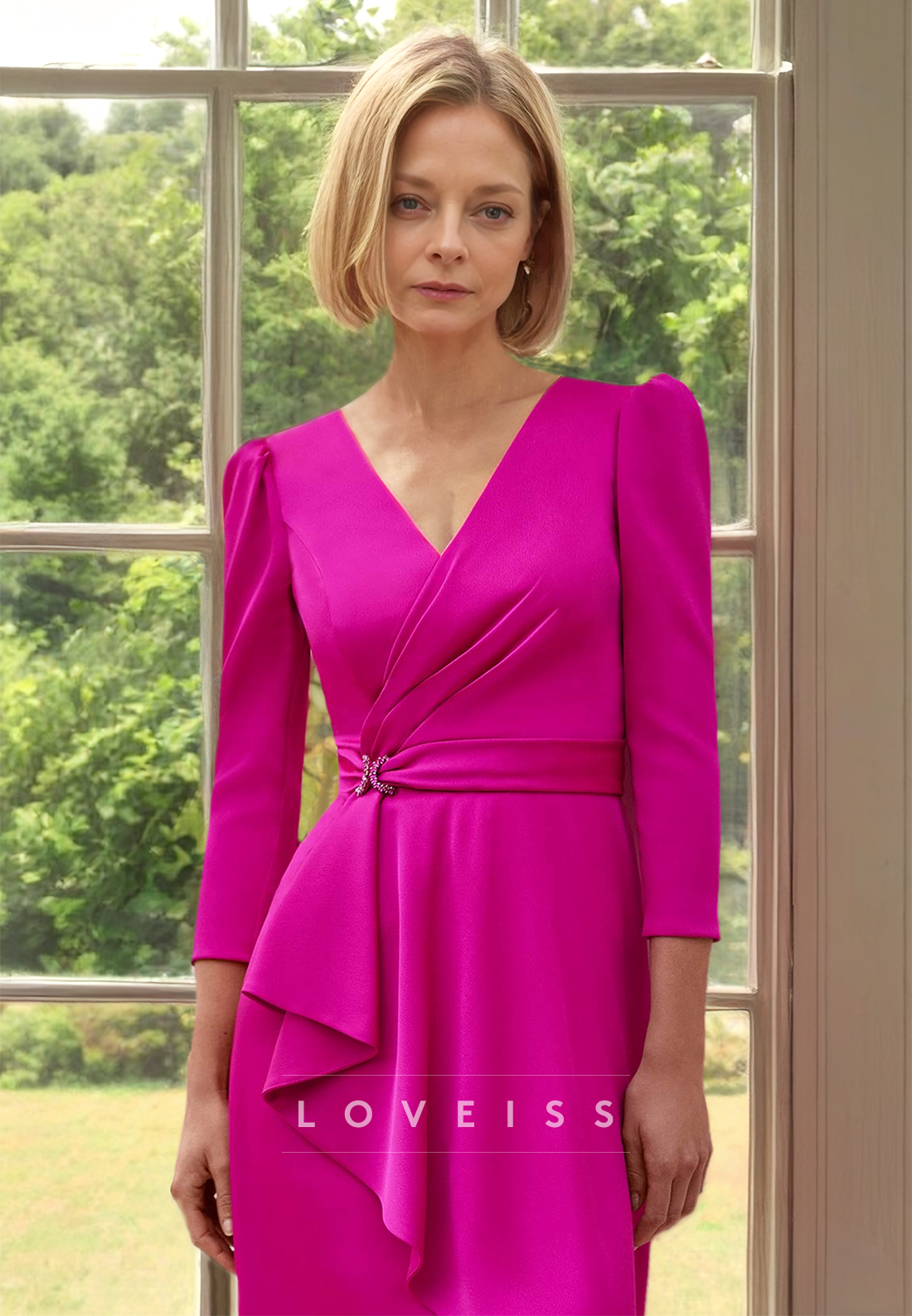 V-Neck Long Sleeves Ruffled Sheath Mother of Bride Dress