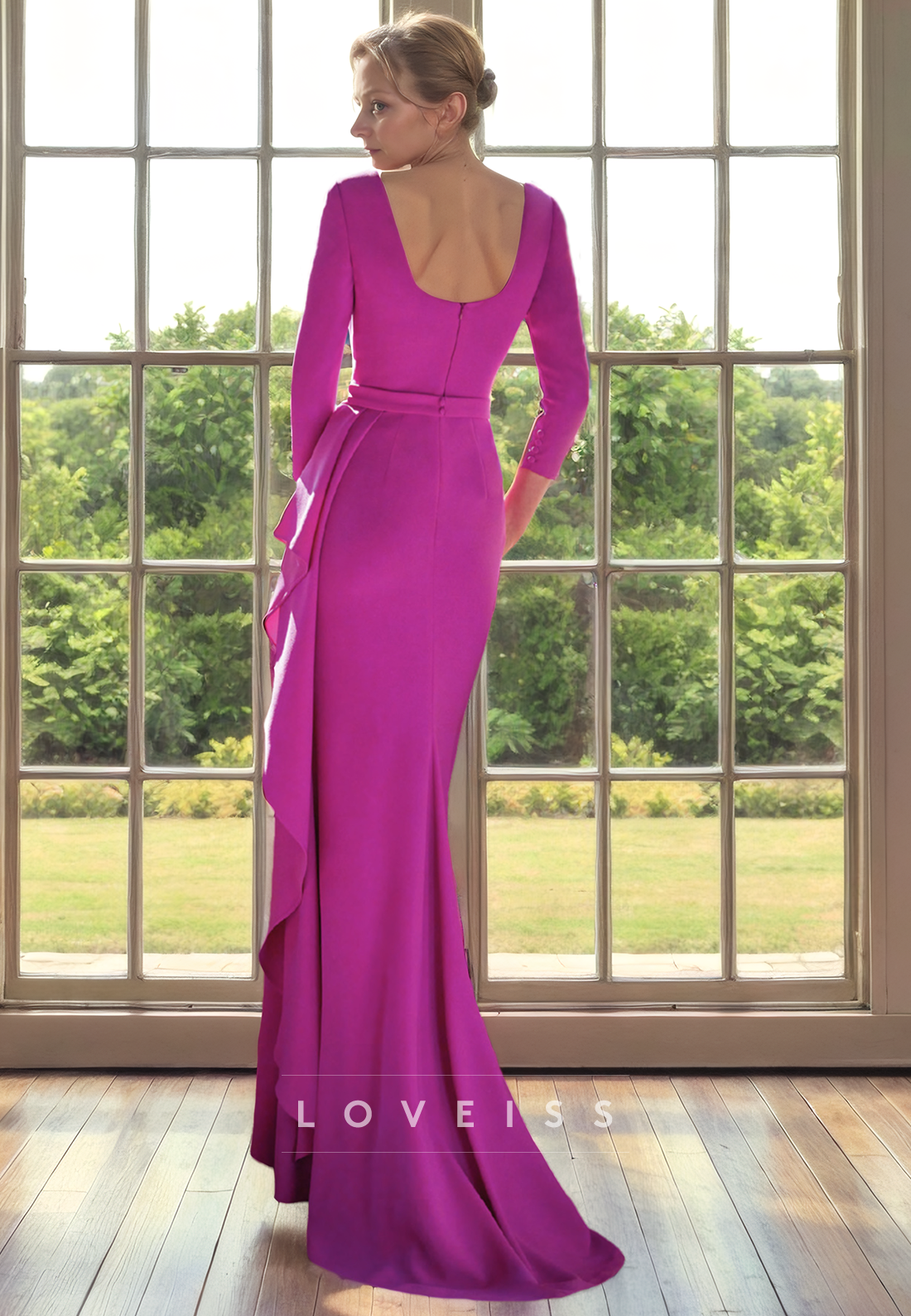 V-Neck Long Sleeves Ruffled Side Slit Mother of Bride Dress Cocktail Dress