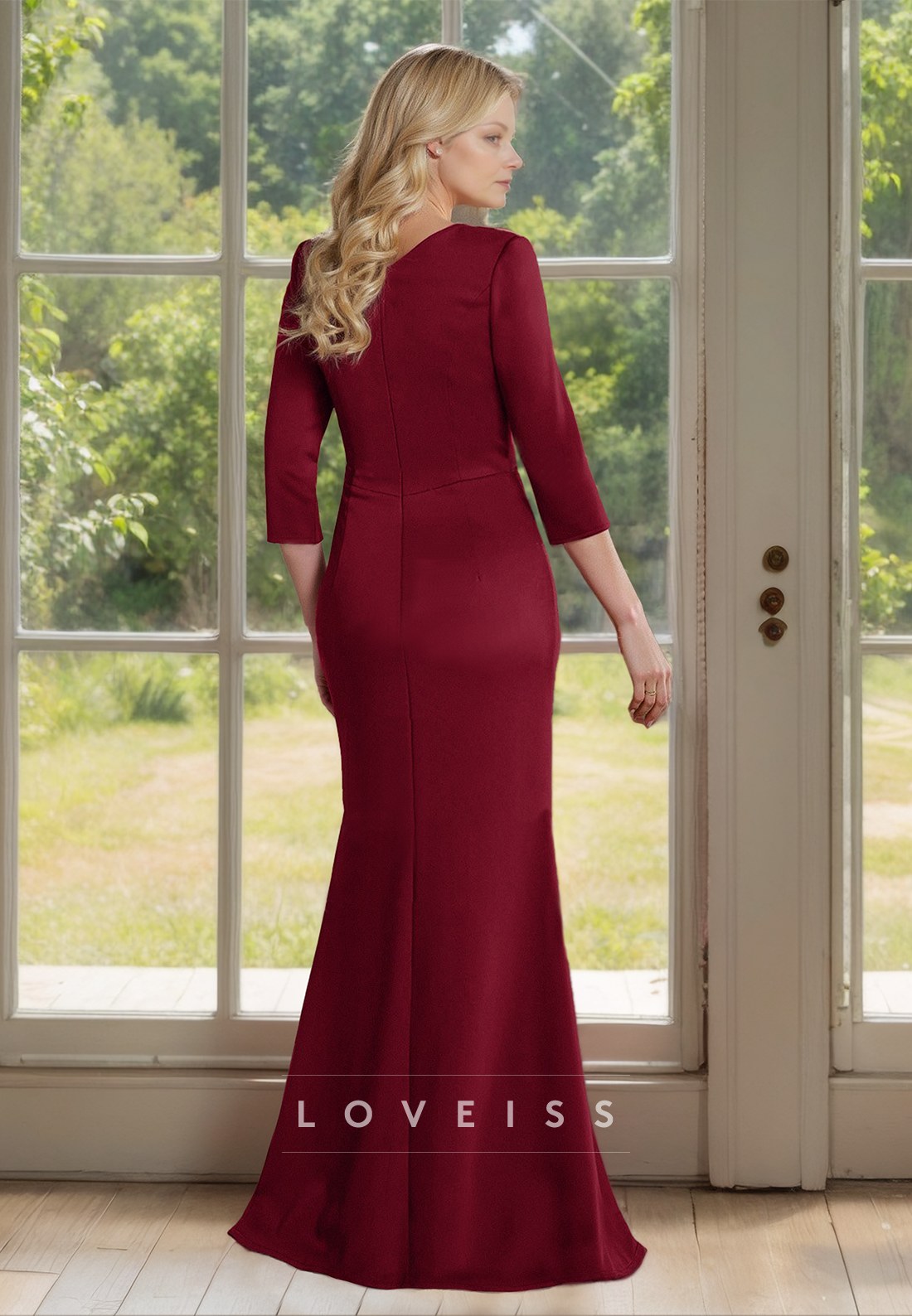 V-Neck Long Sleeves Rulled Sleek Mermaid Mother of Bride Dress