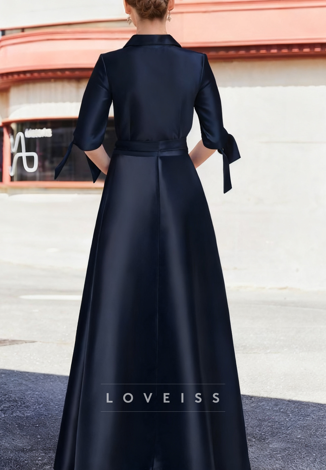 V-Neck Long Sleeves Satin A-Line Navy Jumpsuit Mother of Bride Dress